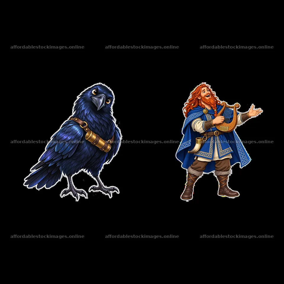 Odin with raven and lyre in Norse mythology cartoon sticker – stock images 7746x7746