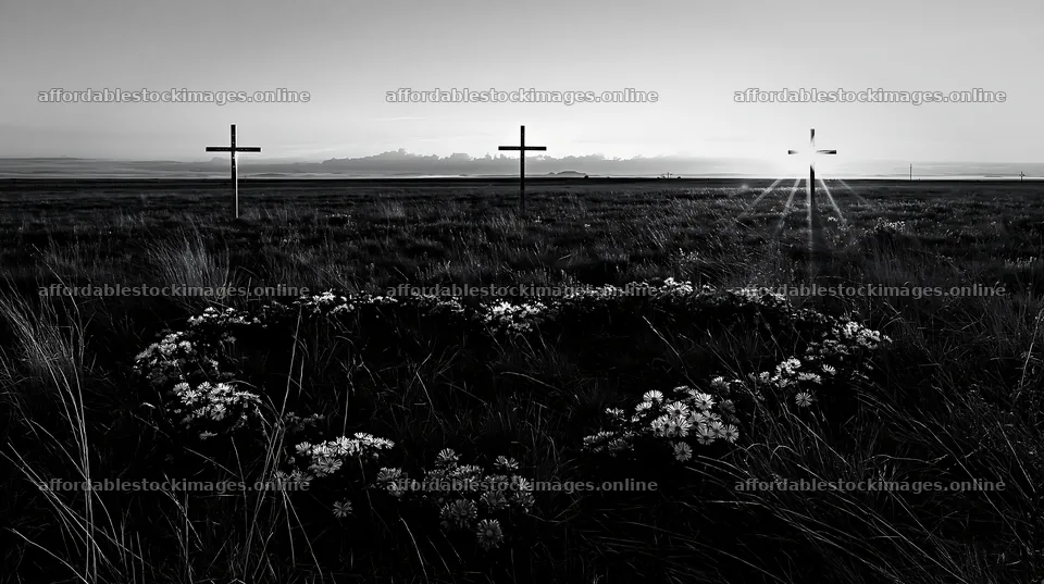 Three Christian crosses in a Christmas meadow at sunrise – stock images 10608x5938