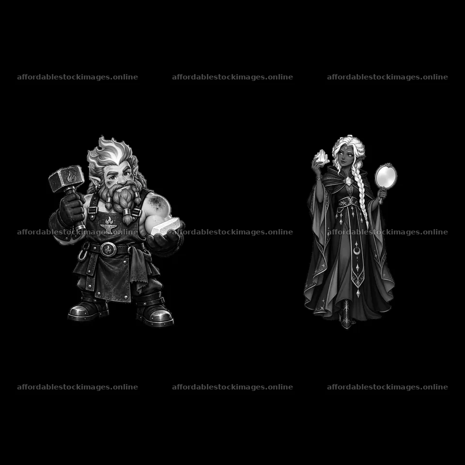 Pagan gods holding objects with detailed costumes in a cartoon – stock images 7746x7746