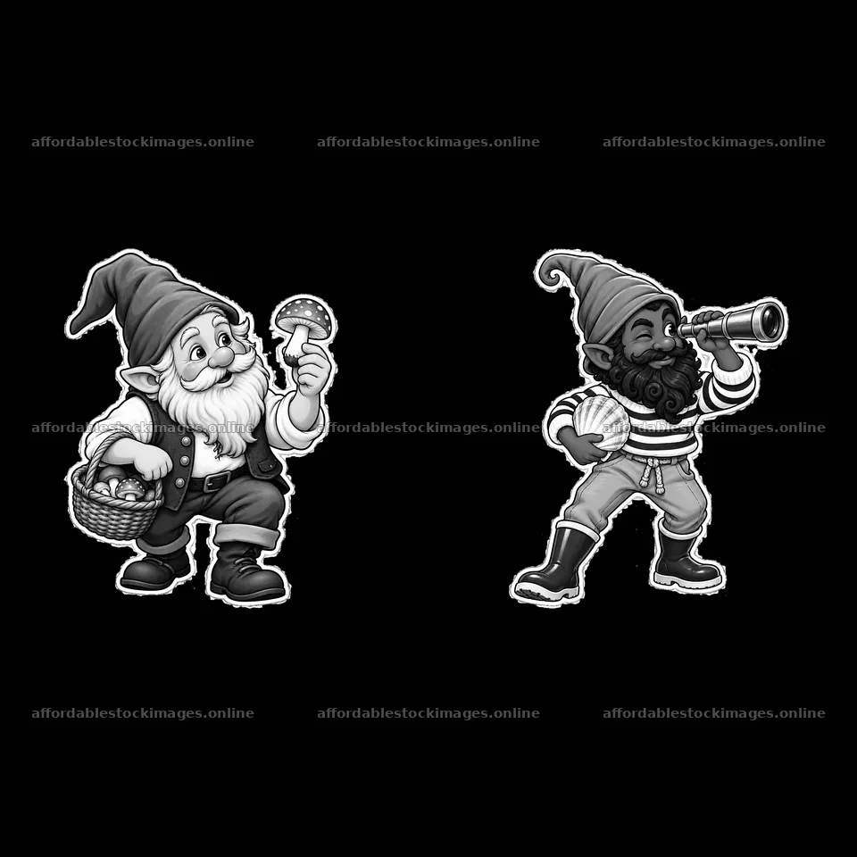 Gnome holding mushroom and gnome with telescope cartoon stickers – stock images 7746x7746