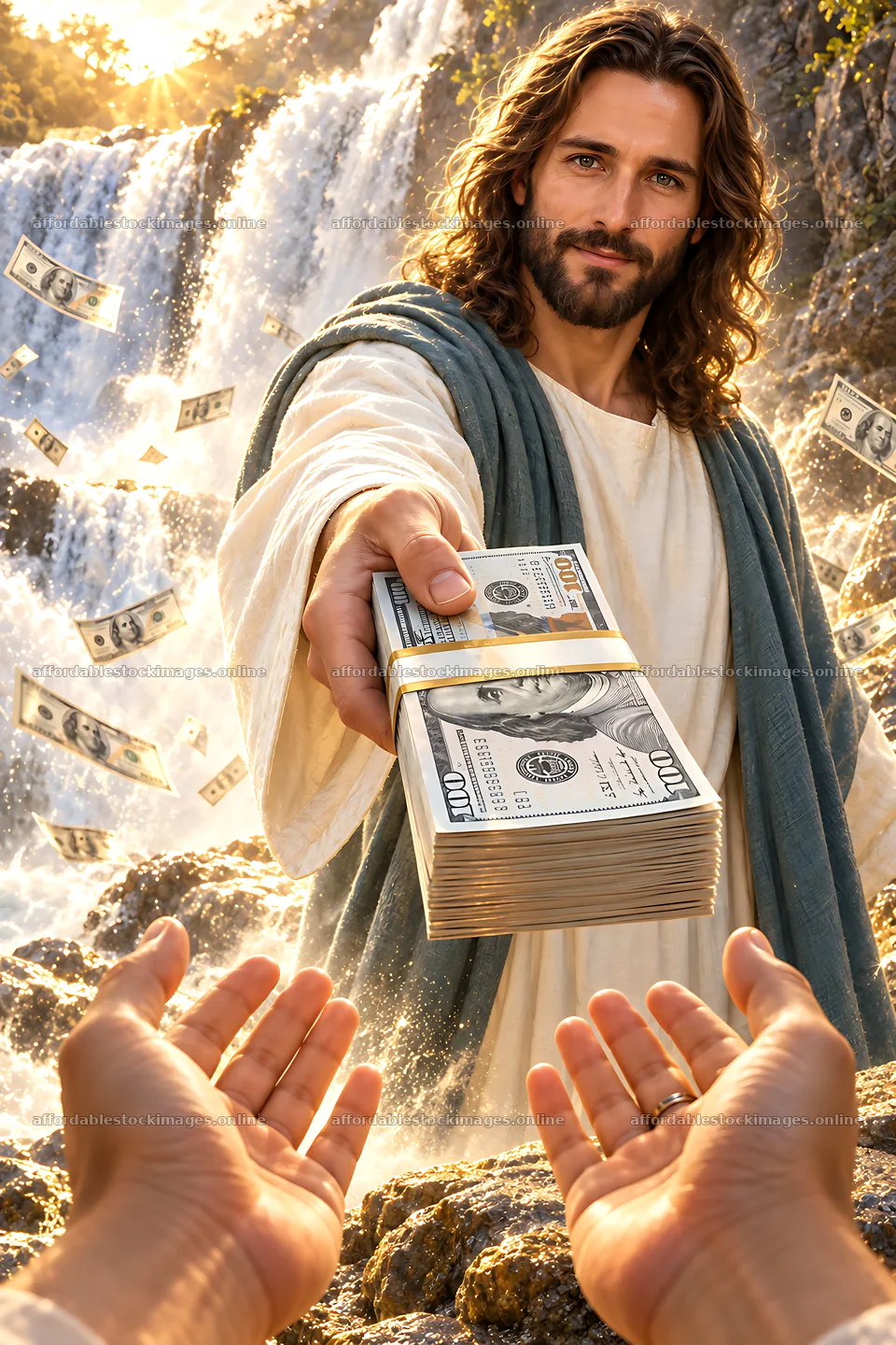 Beside the waterfall, a figure offers money to waiting hands – stock images 6480x9722