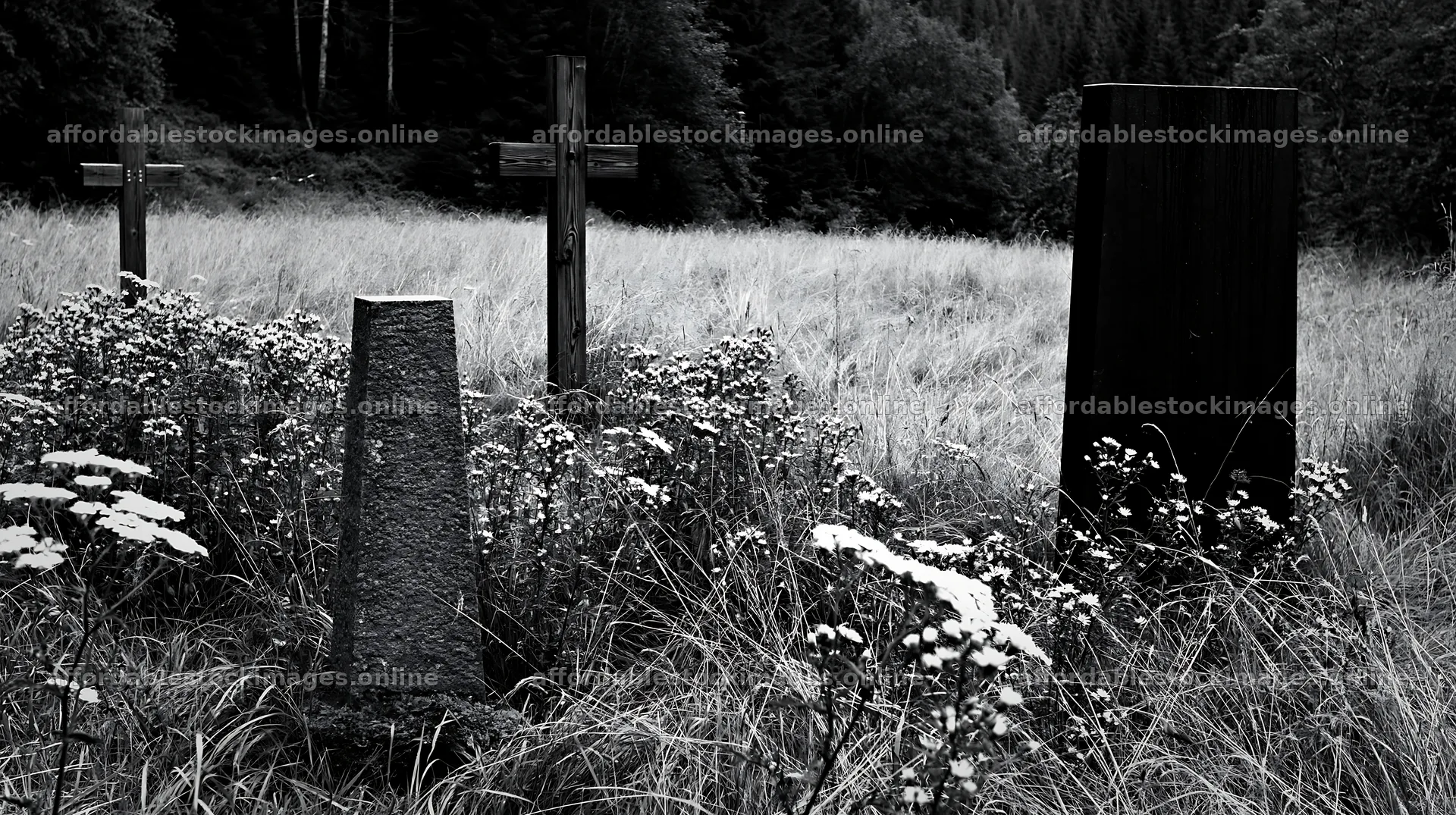 Christian crosses in conservation meadow with grass and flowers – stock images 10608x5938