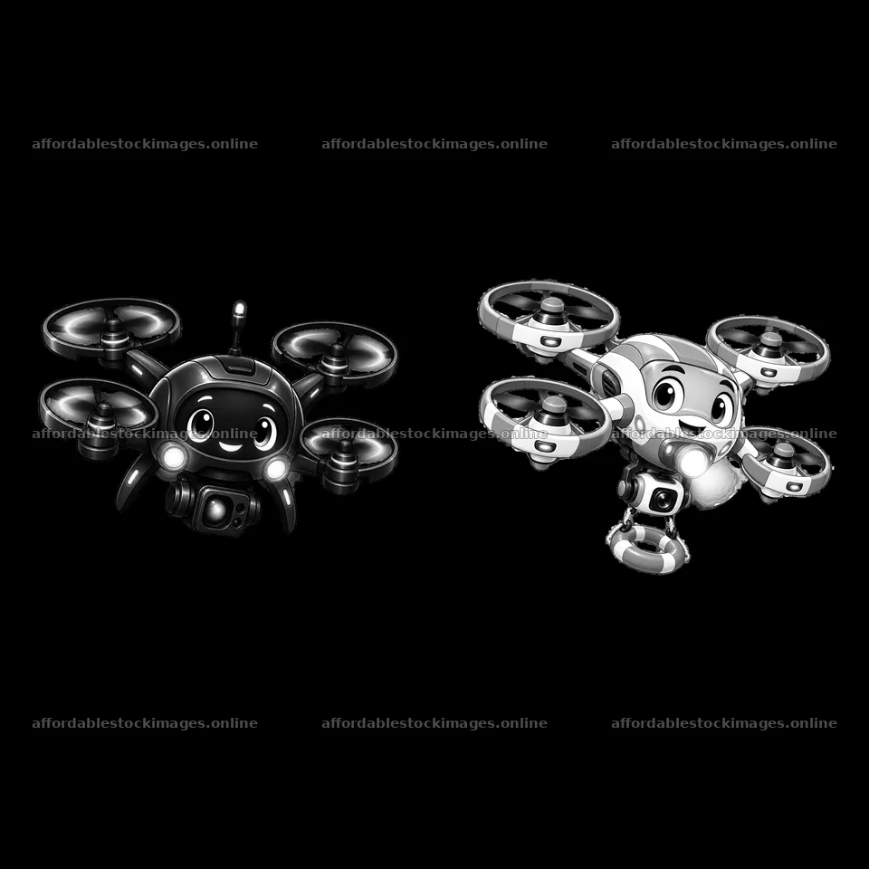 Cartoon drone characters with friendly designs in a playful – stock images 7746x7746