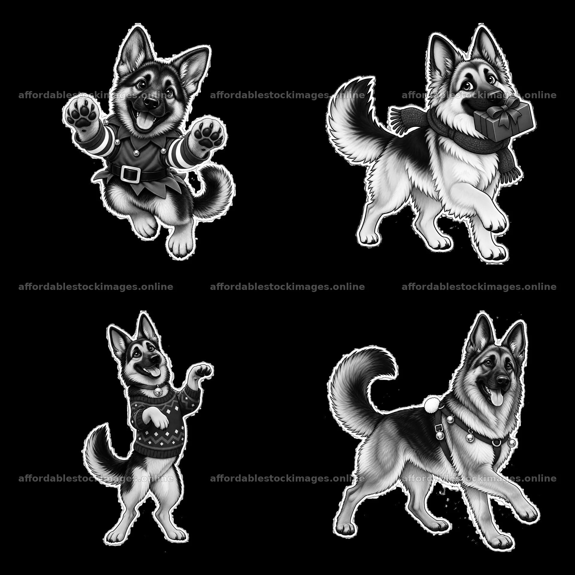 German Shepherds in Christmas outfits with festive items – stock images 7746x7746