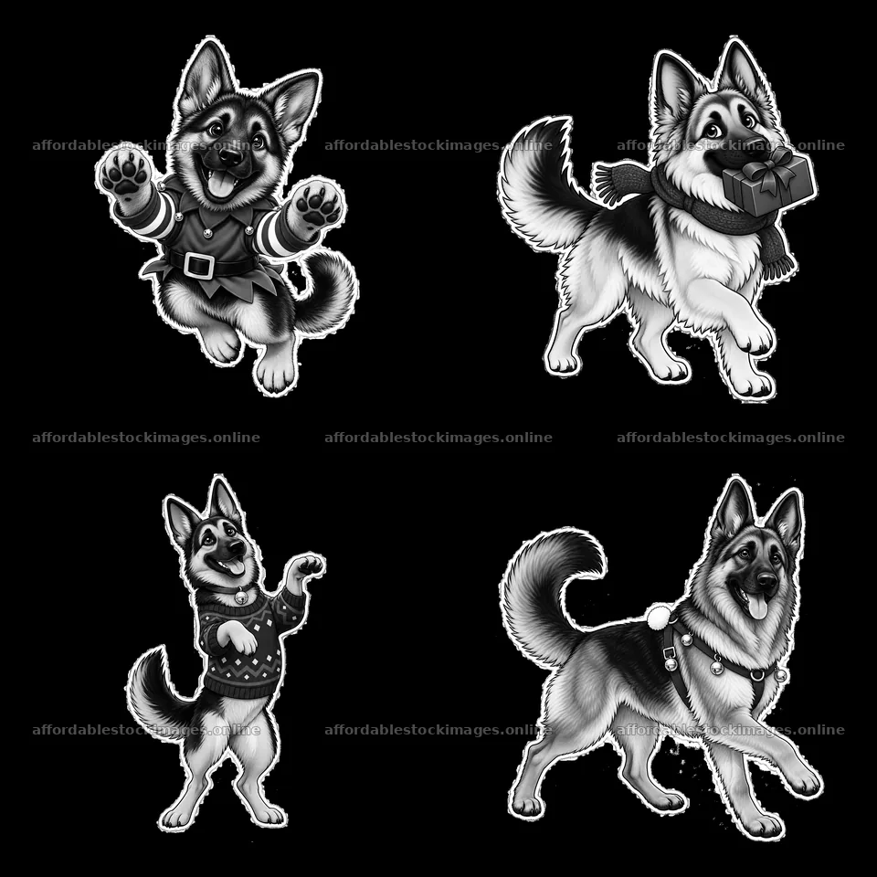 German Shepherds in Christmas outfits with festive items – stock images 7746x7746