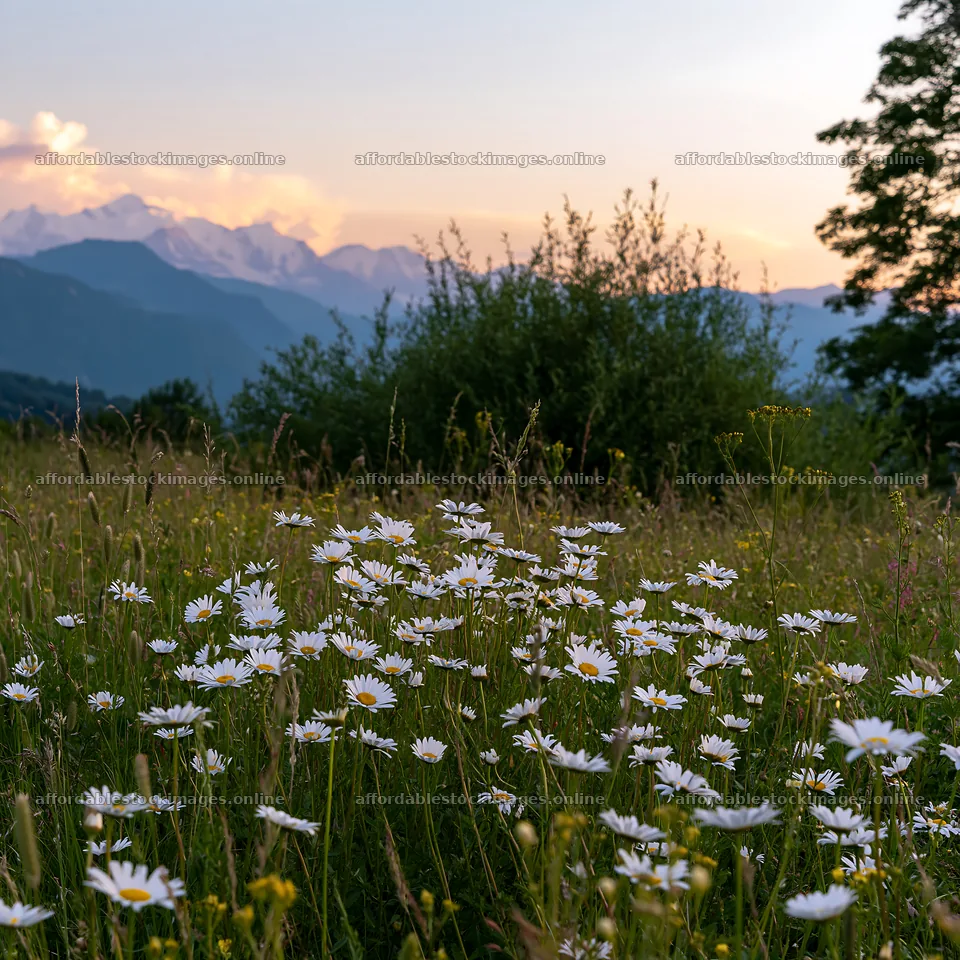 Meadow with yarrow flowers at twilight near mountains – stock images 7938x7938