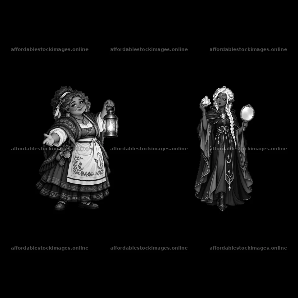 Pagan goddesses holding symbols of light and reflection – stock images 7746x7746