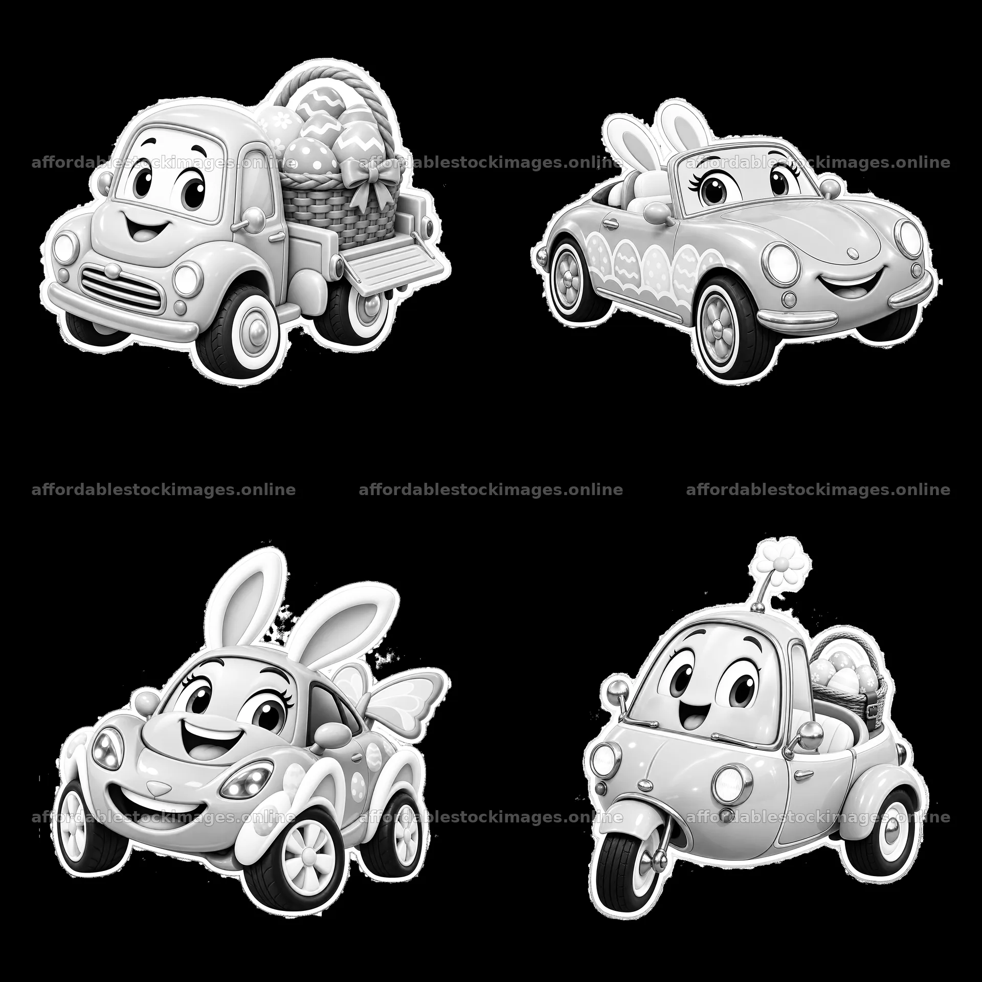 Easter vehicles with decorations and baskets in four designs – stock images 7746x7746