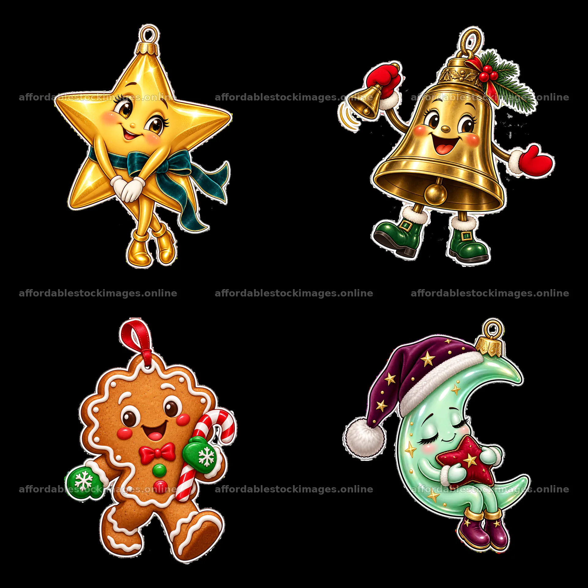 Christmas ornaments with a star, bell, gingerbread, and moon – stock images 7746x7746