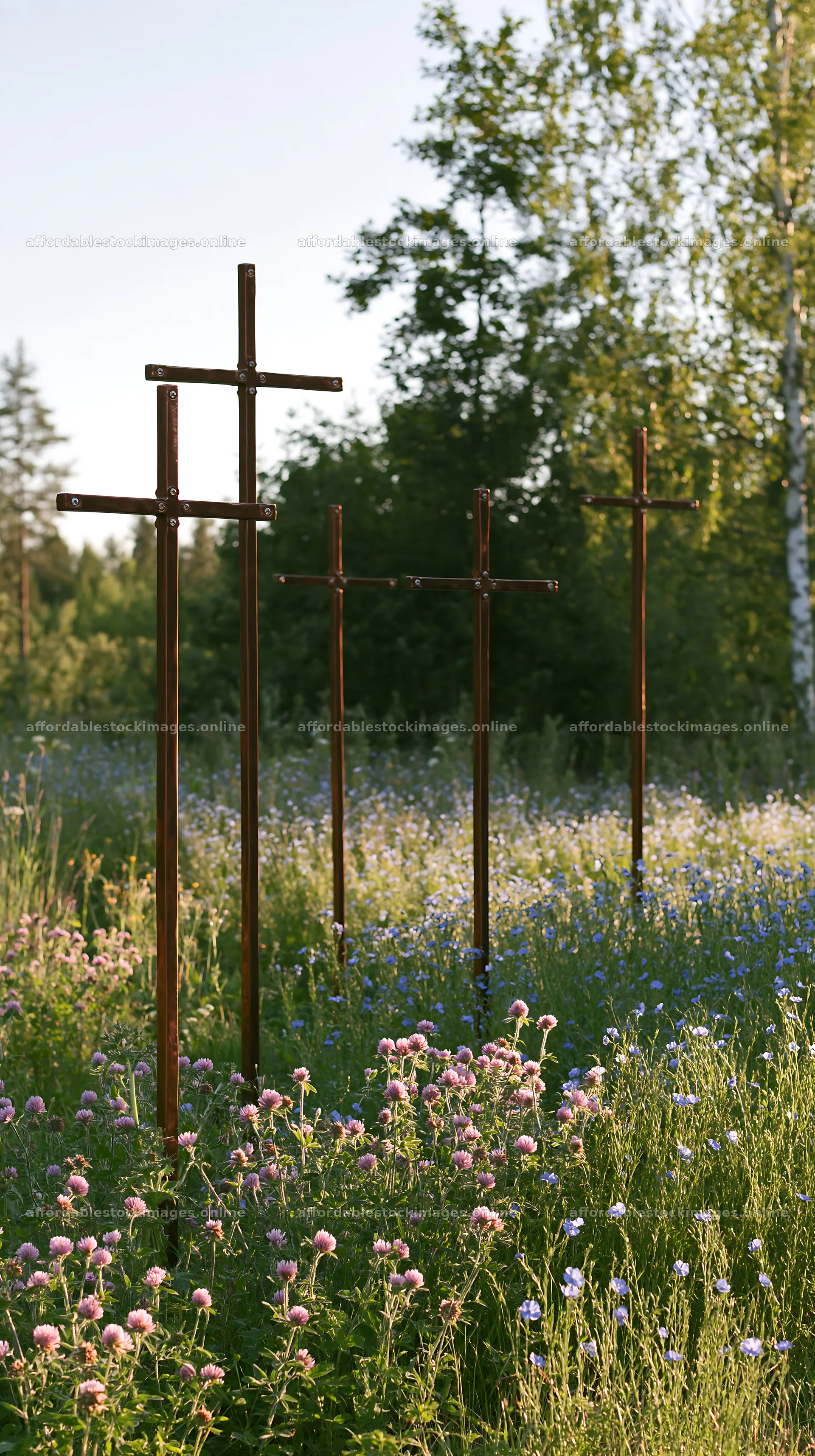 Christian crosses in a meadow with wildflowers – stock images 5938x10608