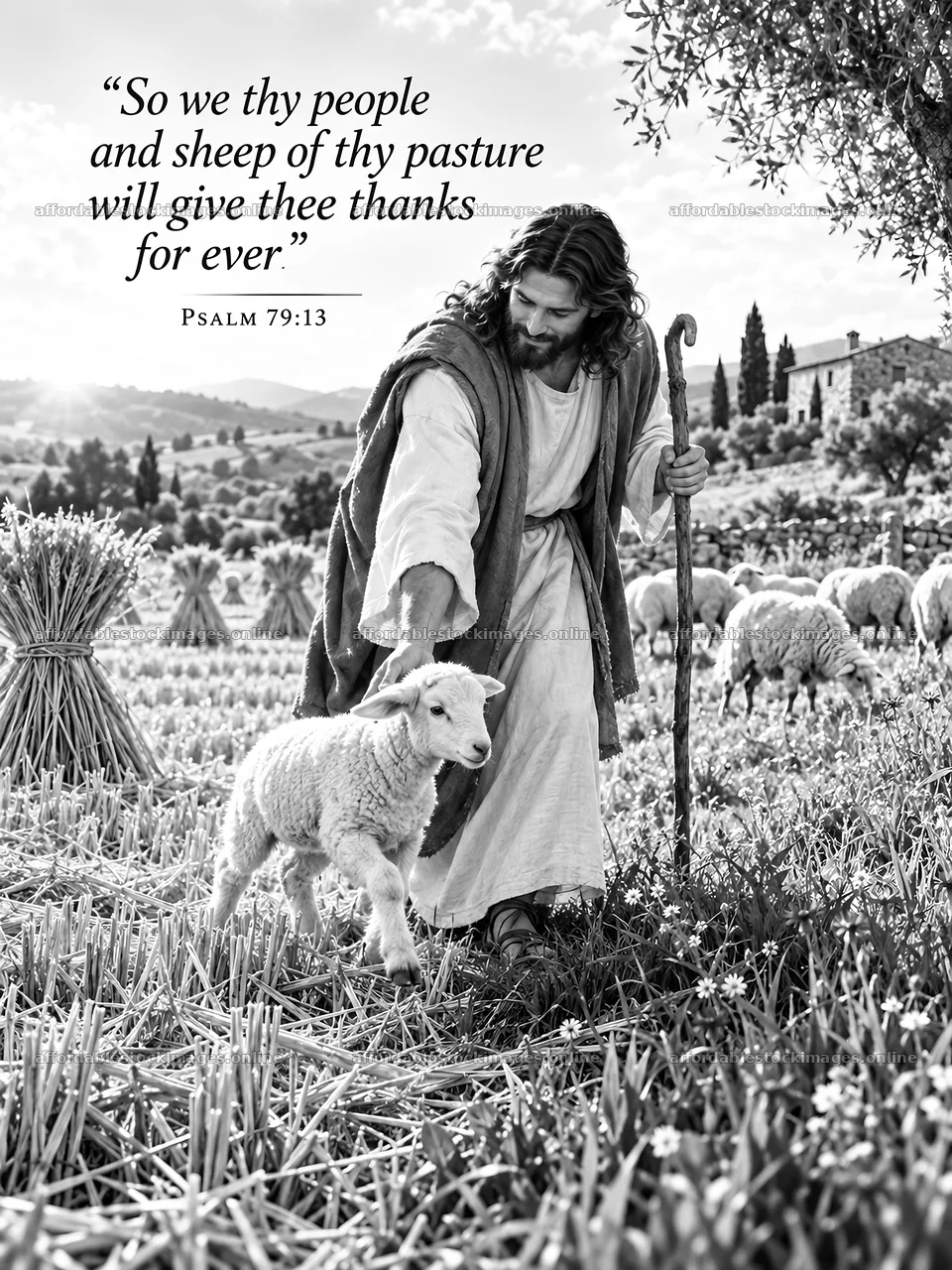 Jesus Christ guiding a lamb among the flock – stock images 6708x8945