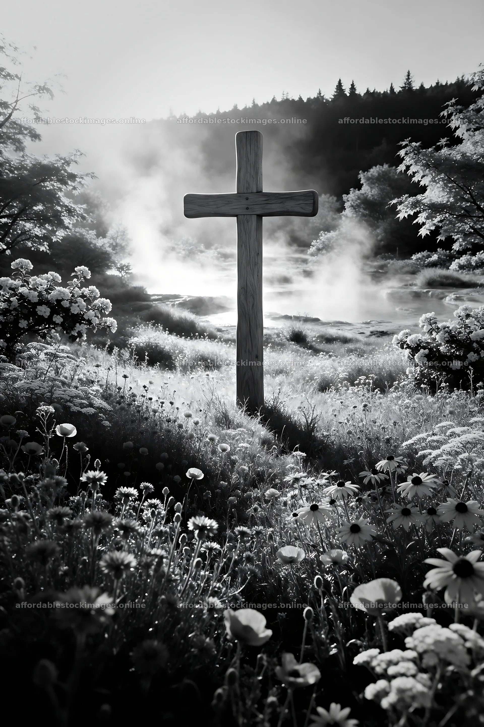 Wooden Christian cross in hot spring meadow with flowers – stock images 6480x9722