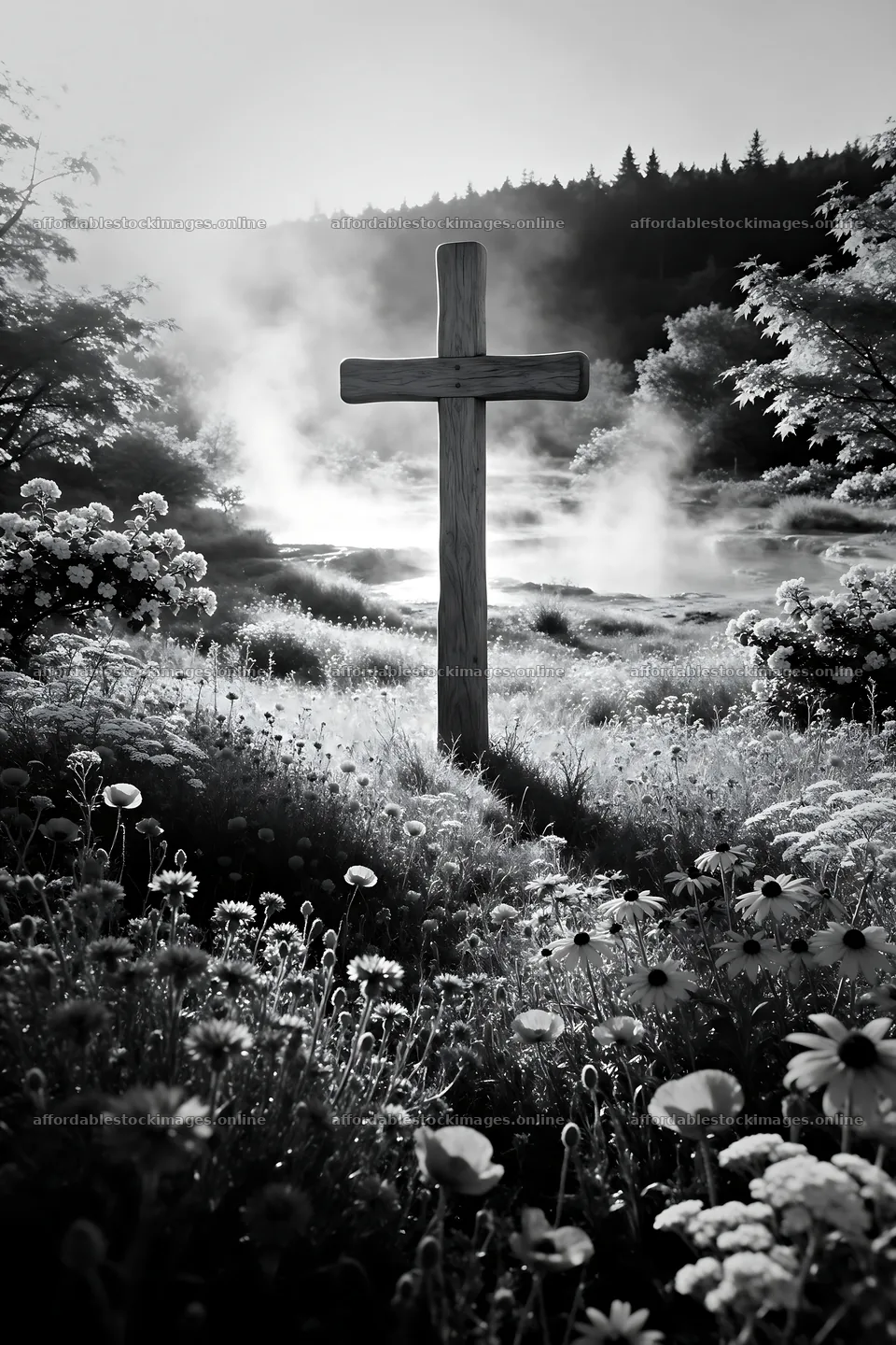 Wooden Christian cross in hot spring meadow with flowers – stock images 6480x9722