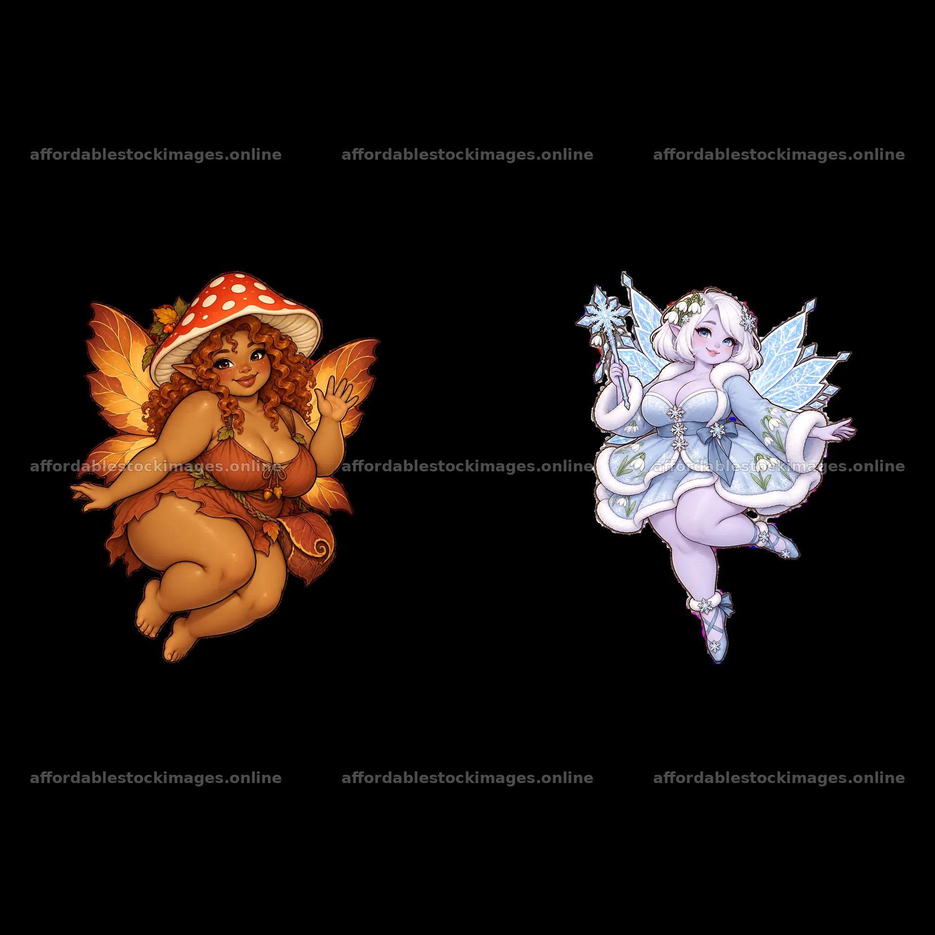 Fairy pair with colorful wings and accessories in playful poses – stock images 7746x7746