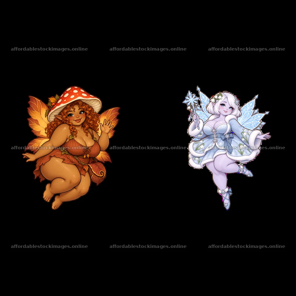 Fairy pair with colorful wings and accessories in playful poses – stock images 7746x7746