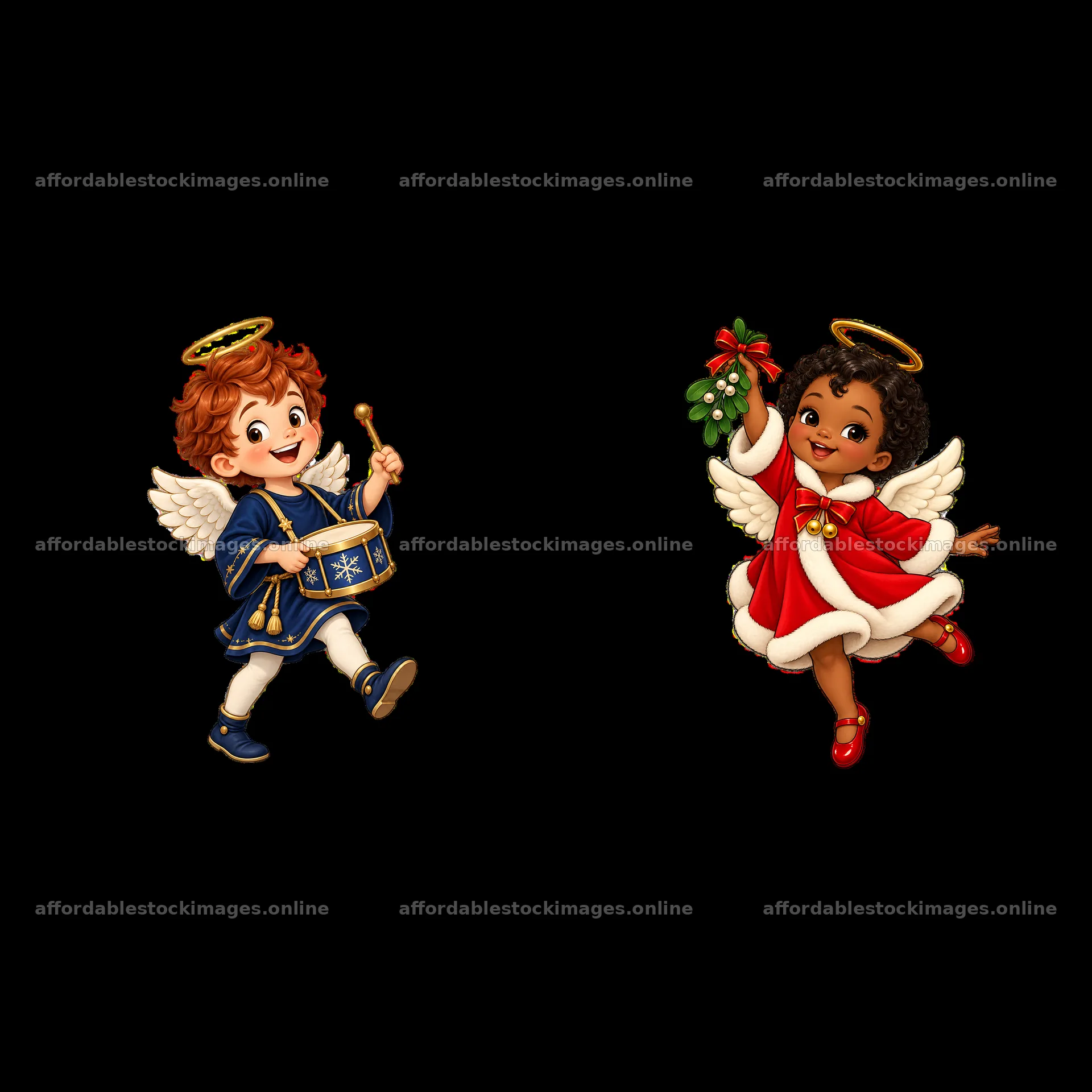 Christmas angel children with drum and mistletoe in festive – stock images 7746x7746