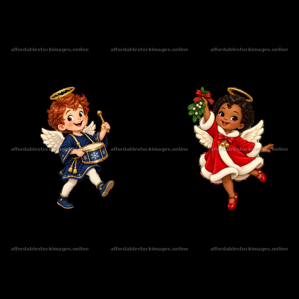 Christmas angel children with drum and mistletoe in festive – stock images 7746x7746