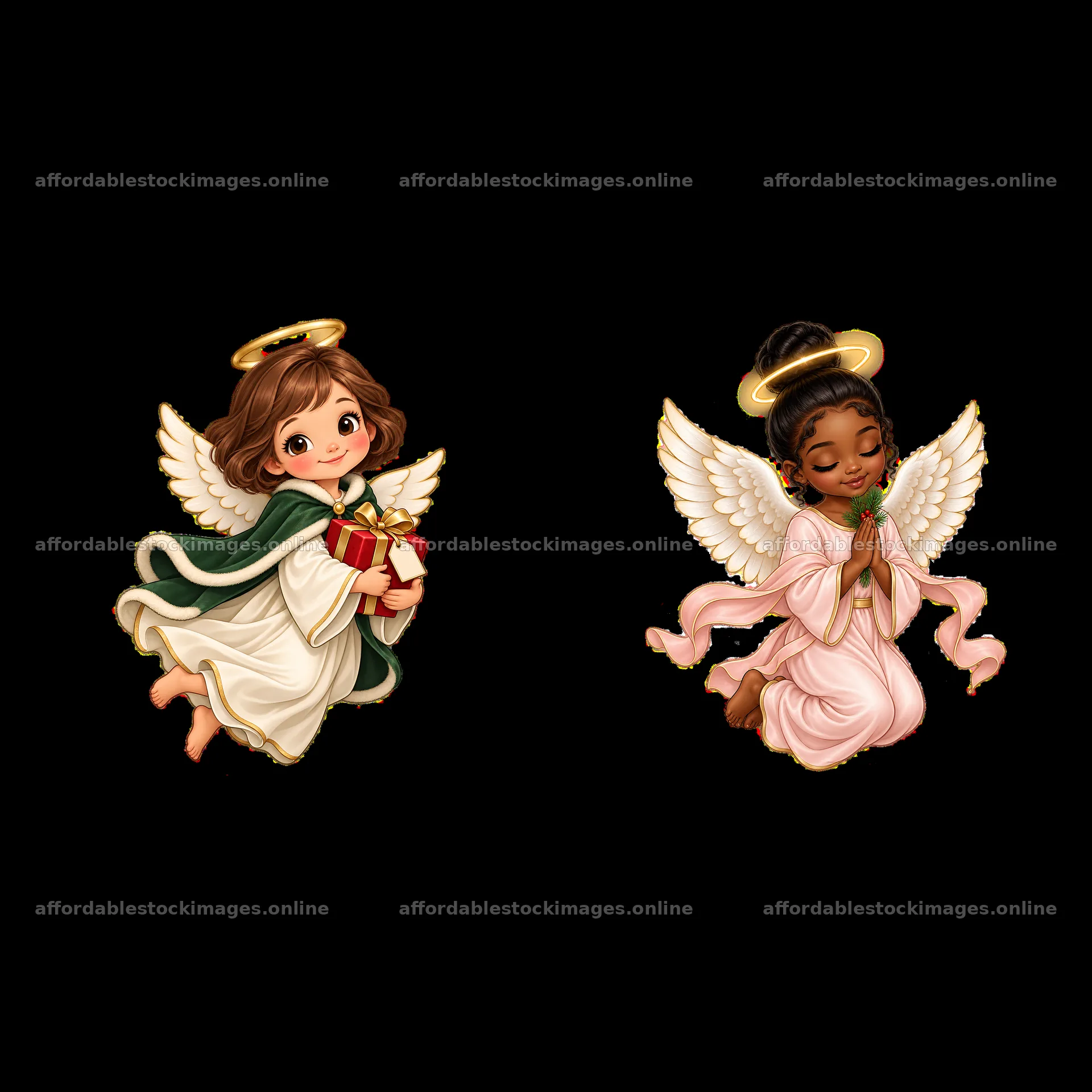 Festive cartoon angels holding gifts and praying during – stock images 7746x7746