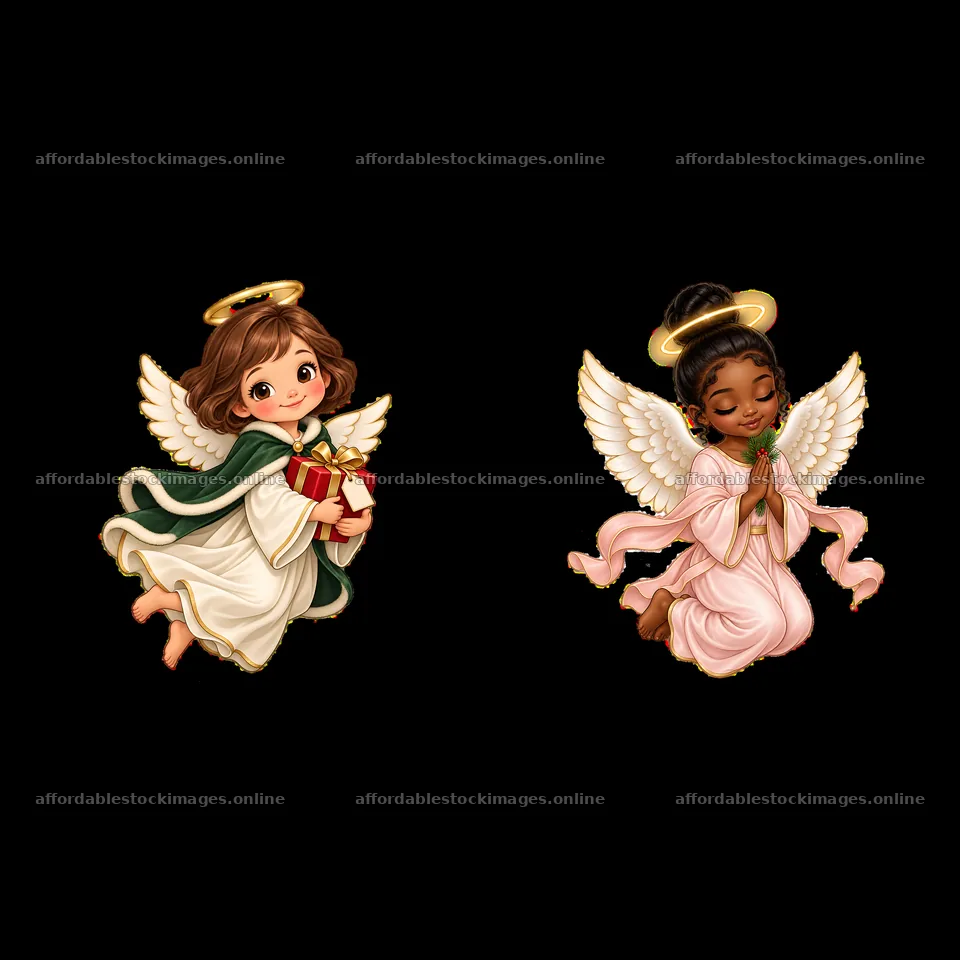 Festive cartoon angels holding gifts and praying during – stock images 7746x7746