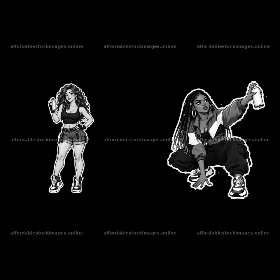 Sexy female graffiti sprayers spray paint in a street scene – stock images 7746x7746