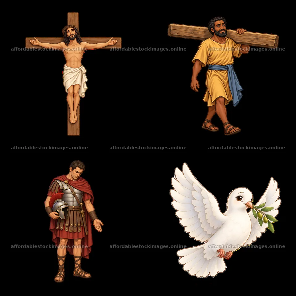 Jesus on the cross with figures carrying the cross and a dove – stock images 7746x7746