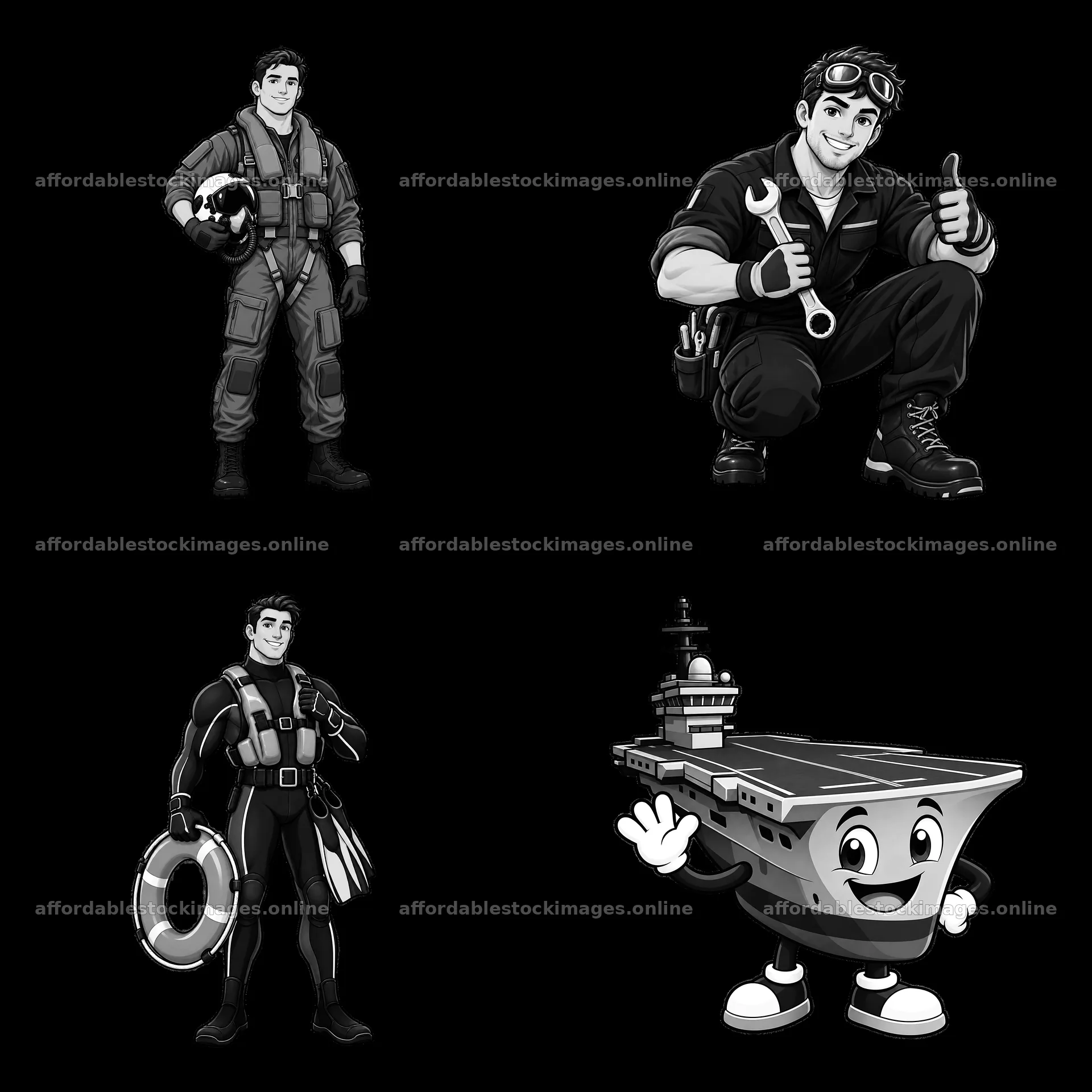 Cartoon characters and aircraft carrier in black and white – stock images 7746x7746