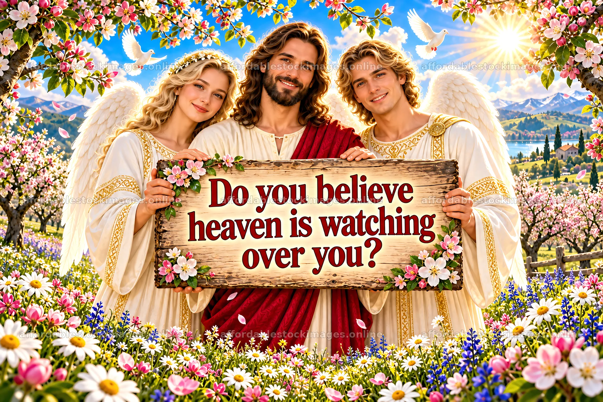 Jesus Christ with angels holding a sign about heaven's care – stock images 9487x6325