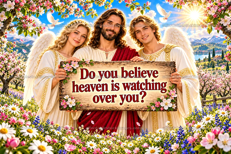 Jesus Christ with angels holding a sign about heaven's care – stock images 9487x6325