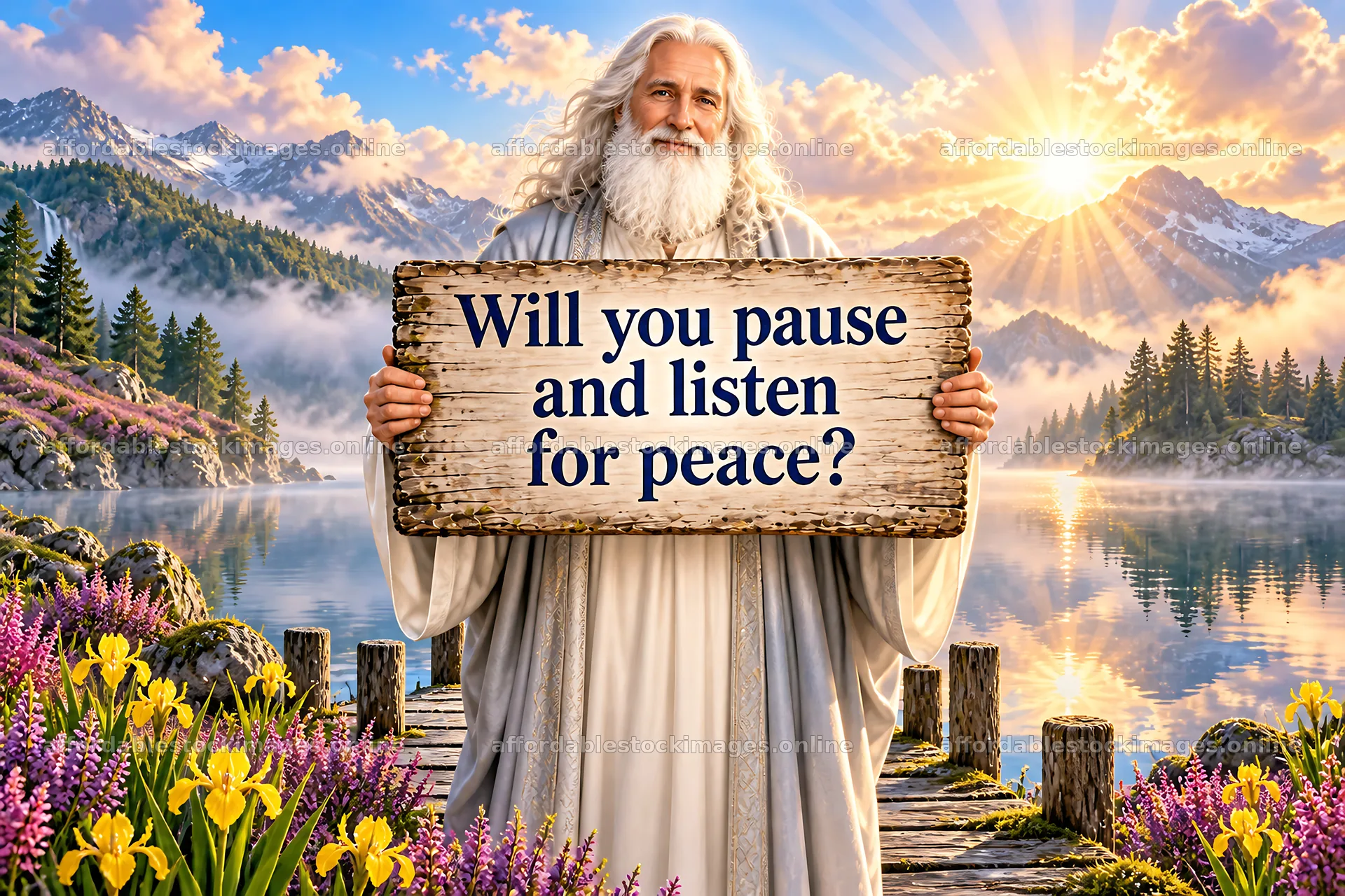 Jesus Christ holding a sign asking for peace in nature – stock images 9487x6325