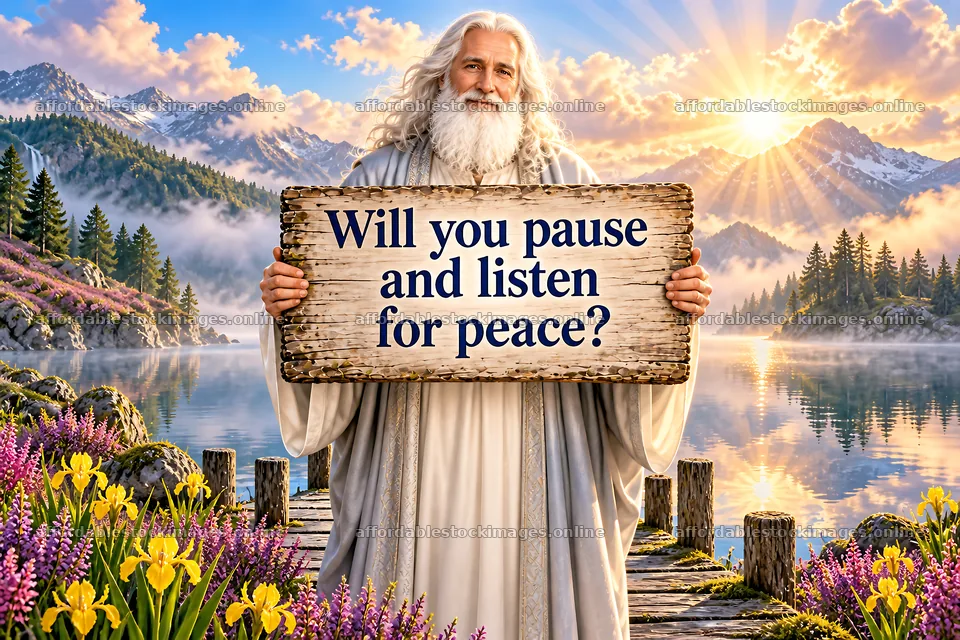 Jesus Christ holding a sign asking for peace in nature – stock images 9487x6325