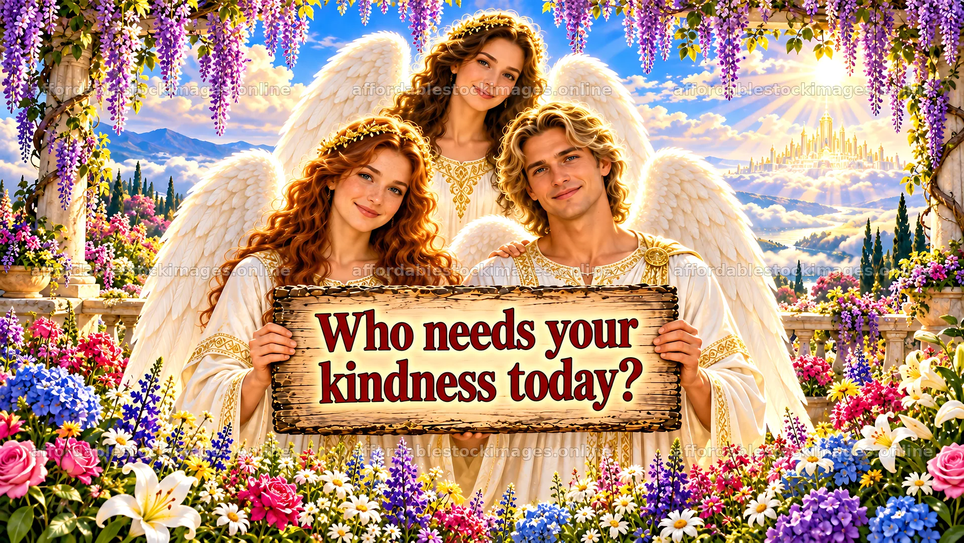 Jesus Christ surrounded by angels asking about kindness – stock images 10324x5812