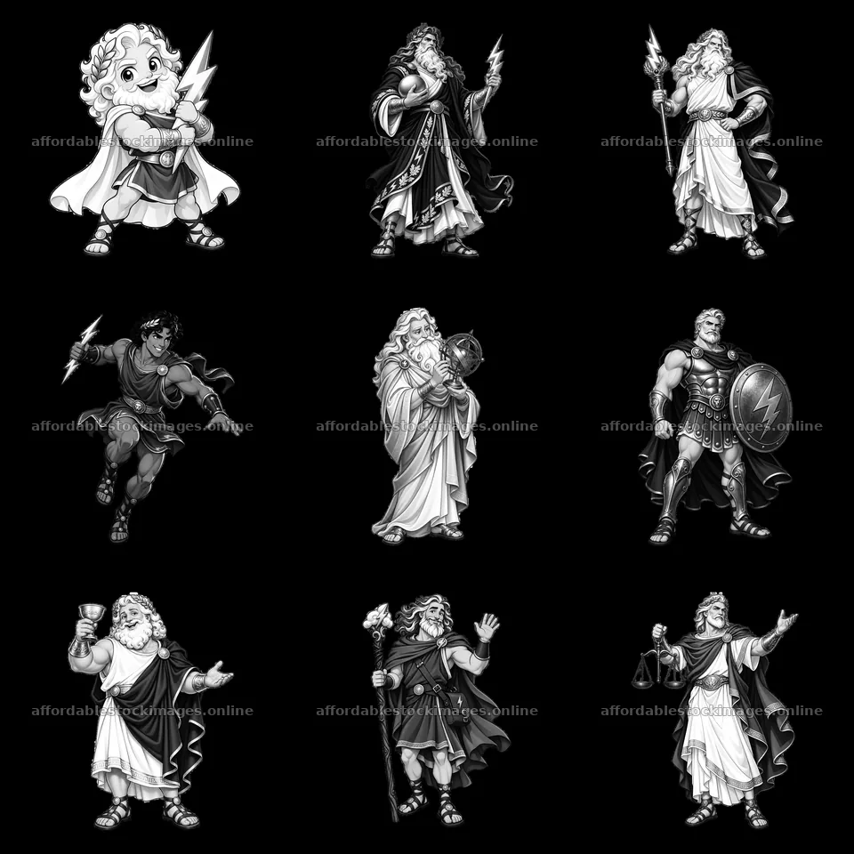 Zeus cartoon sticker designs featuring various poses and actions – stock images 7746x7746