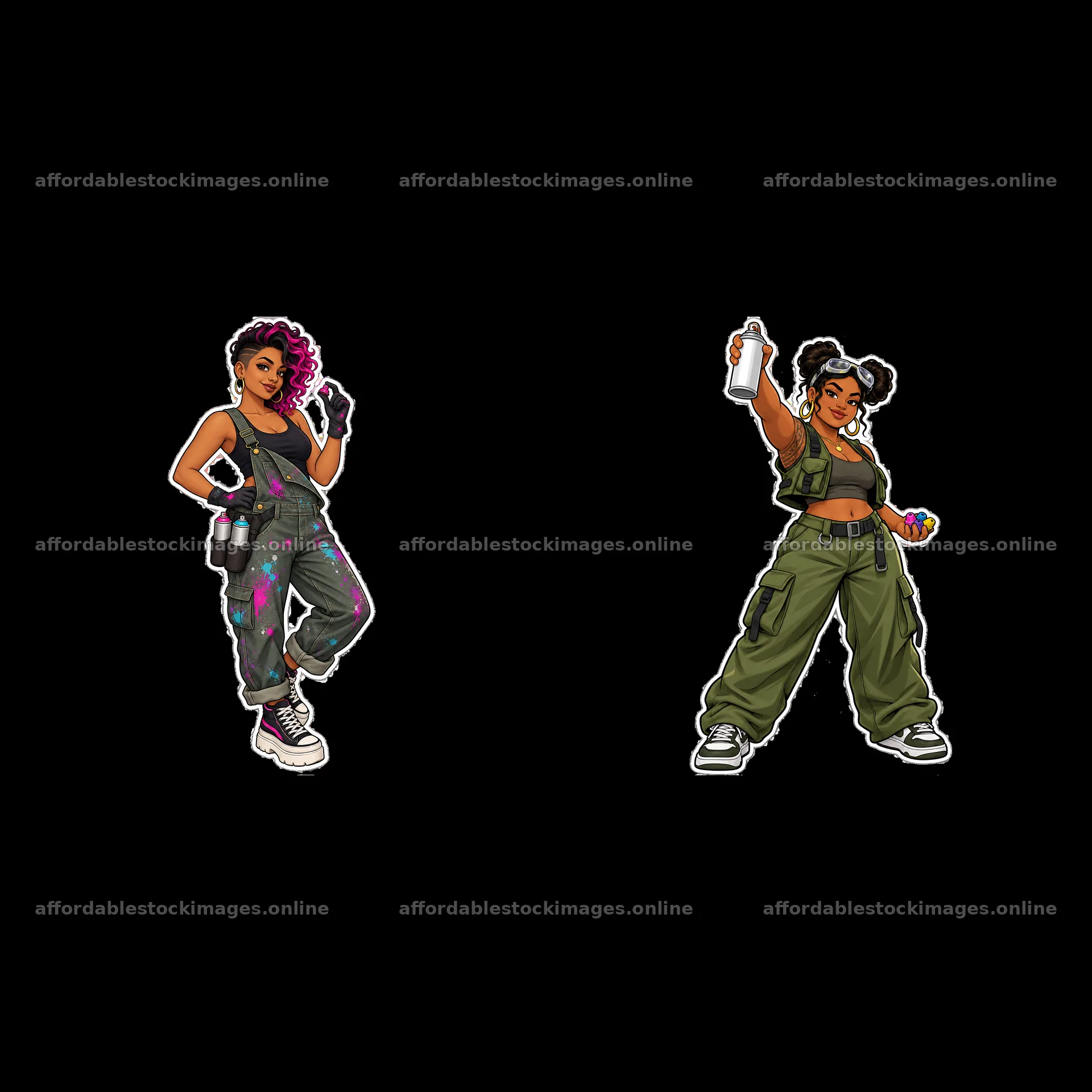 Sexy female graffiti sprayers in urban outfits with spray cans – stock images 7746x7746