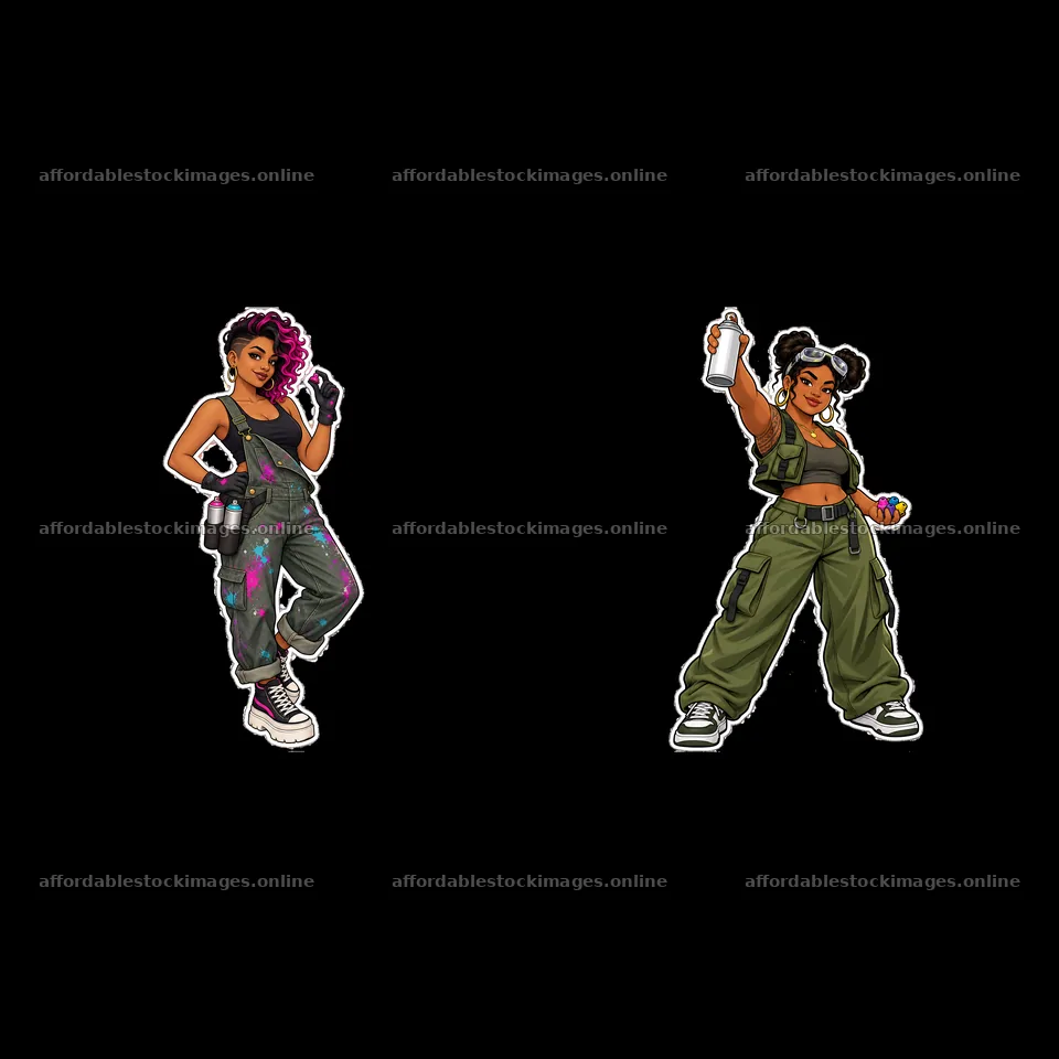 Sexy female graffiti sprayers in urban outfits with spray cans – stock images 7746x7746