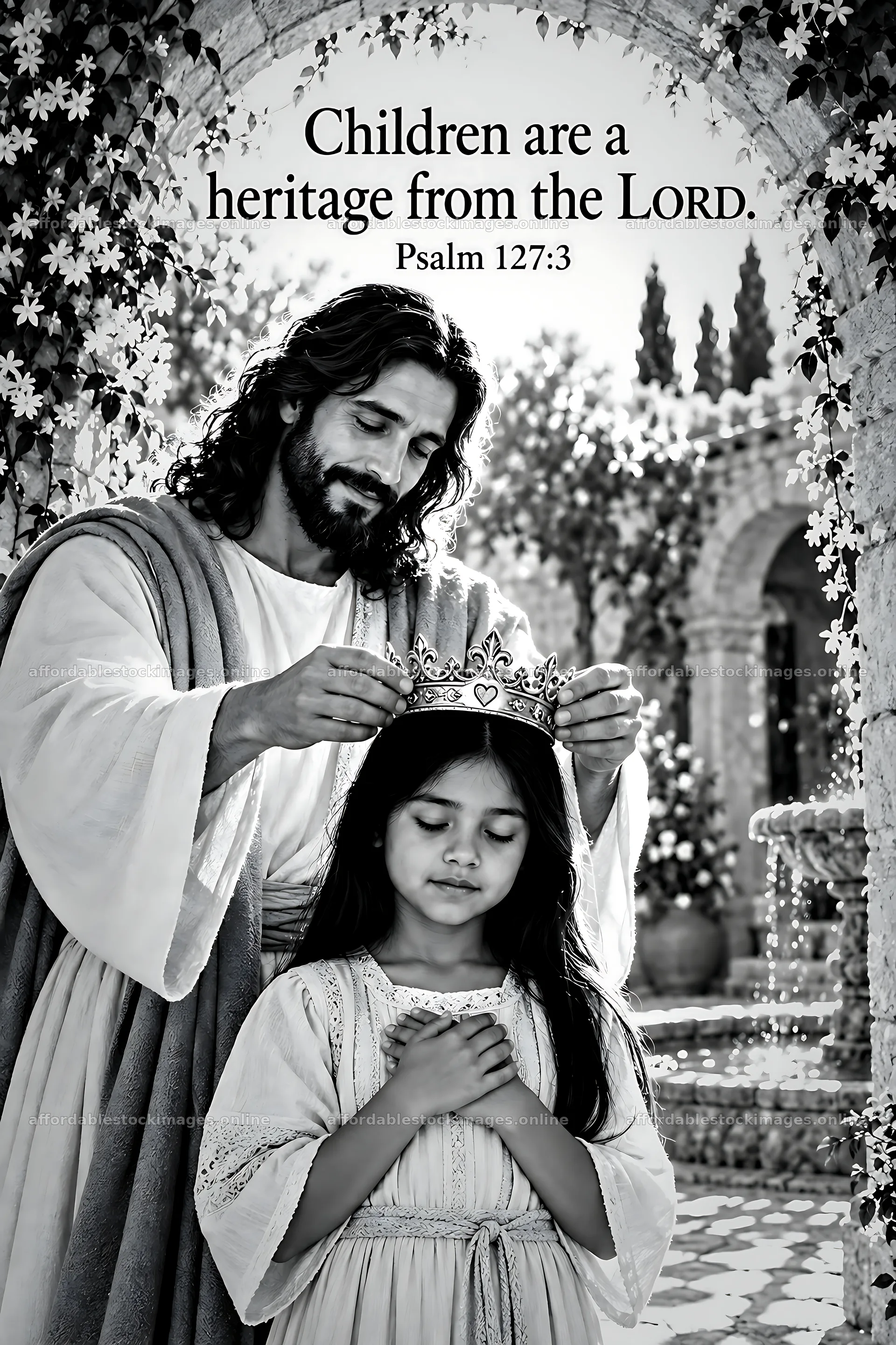 Jesus places a crown on child in a courtyard – stock images 6480x9722