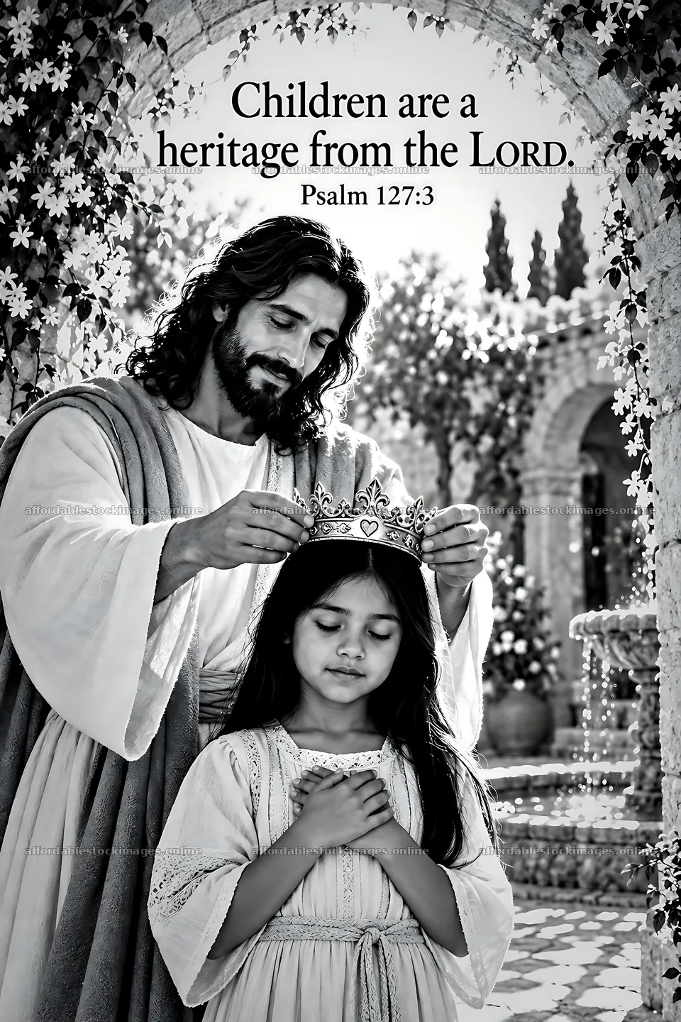 Jesus places a crown on child in a courtyard – stock images 6480x9722