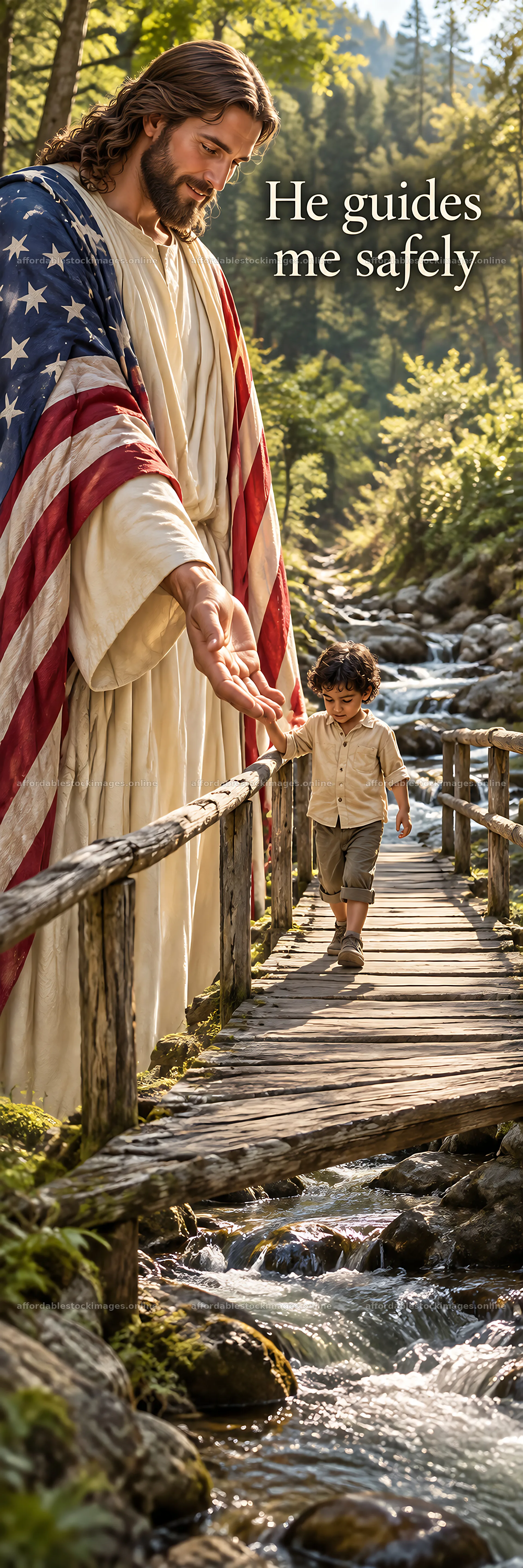 Jesus Christ guiding a child on a bridge over a stream – stock images 4472x13417