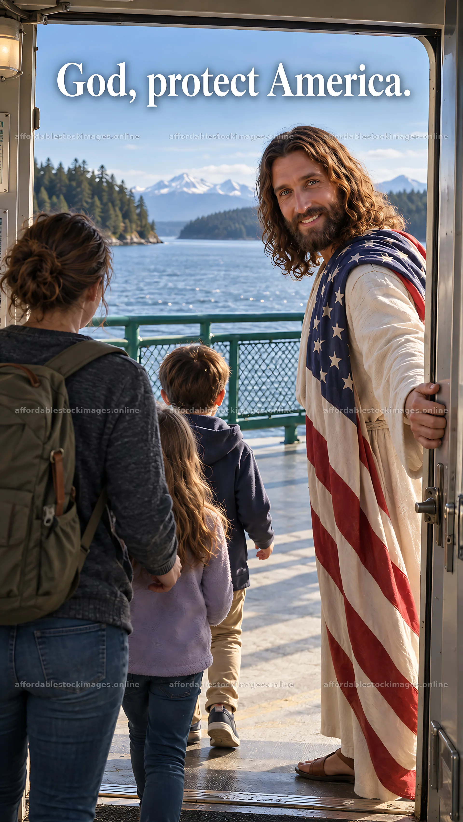 Jesus Christ welcoming families at the shore – stock images 5811x10326