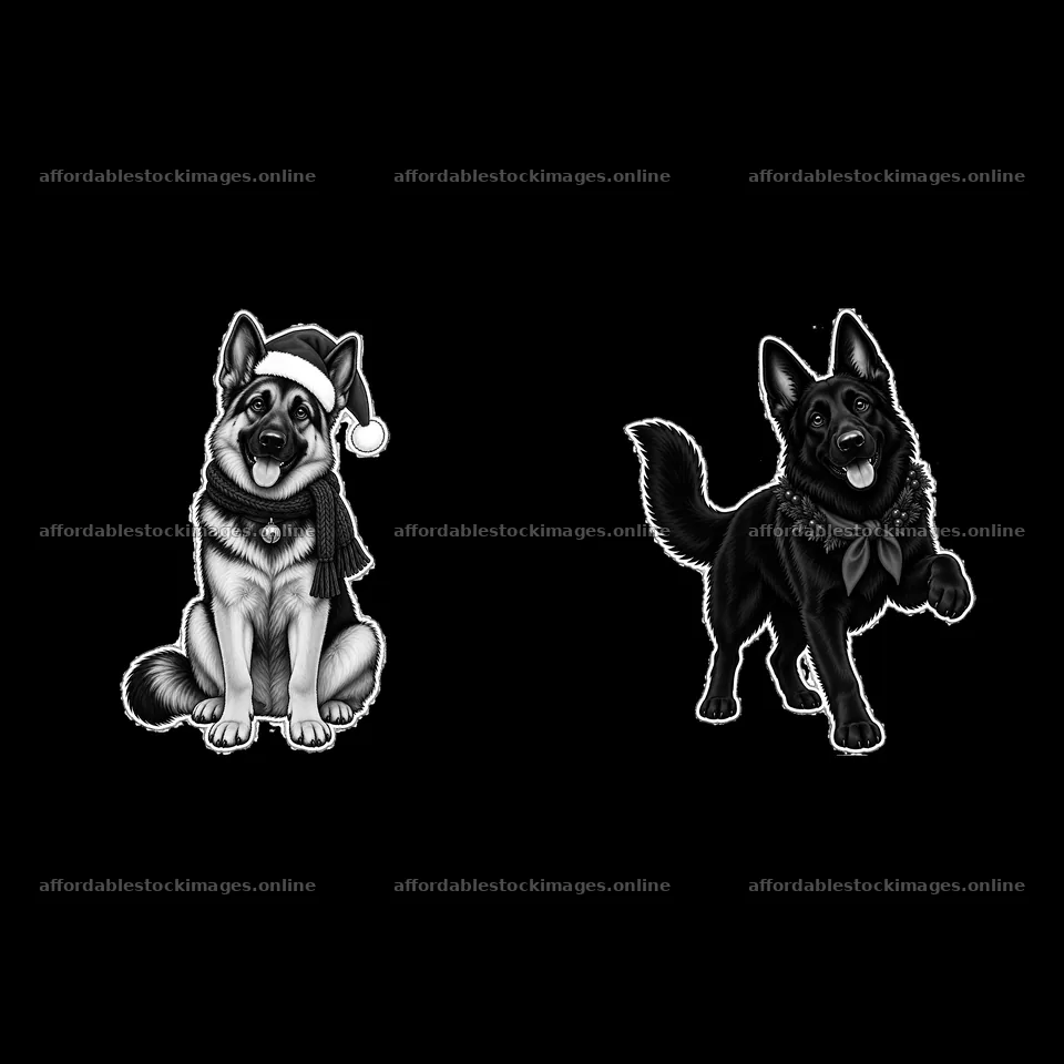 Christmas German Shepherd sticker pair in black and white – stock images 7746x7746