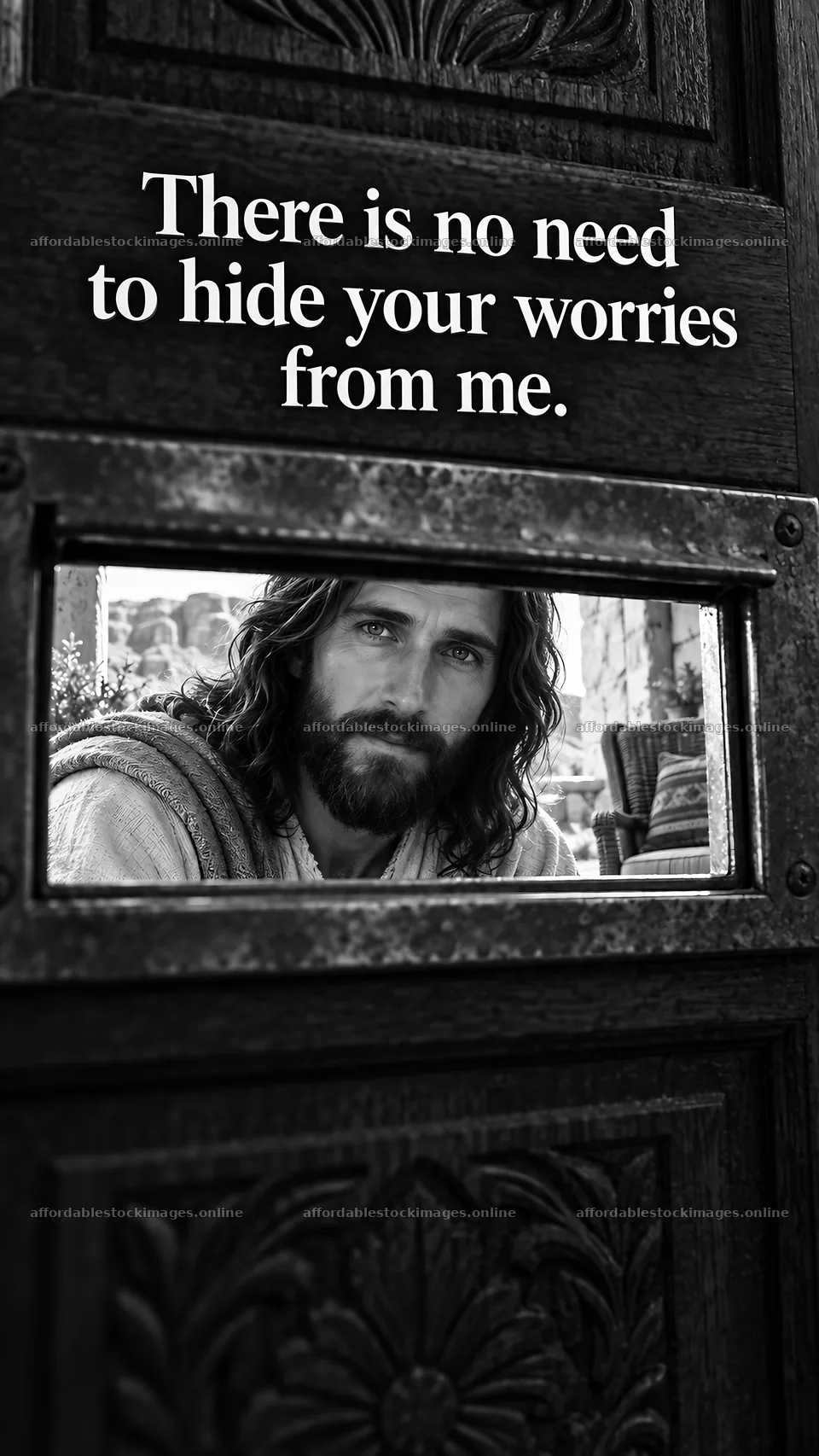 Jesus Christ comforting through a door – stock images 5811x10326