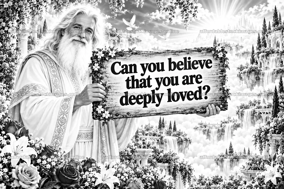 Jesus Christ holds a sign asking if you believe you are loved – stock images 9487x6325