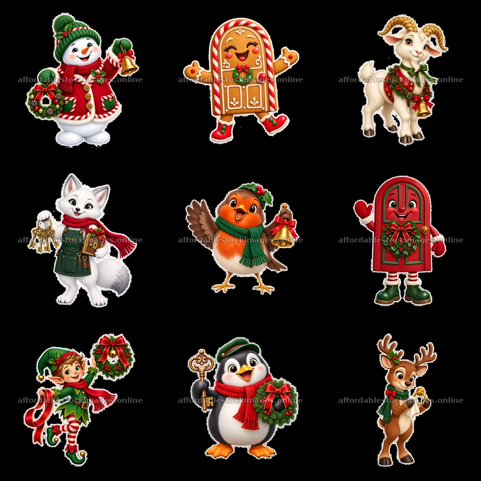 Christmas characters celebrating around a door – stock images 7746x7746