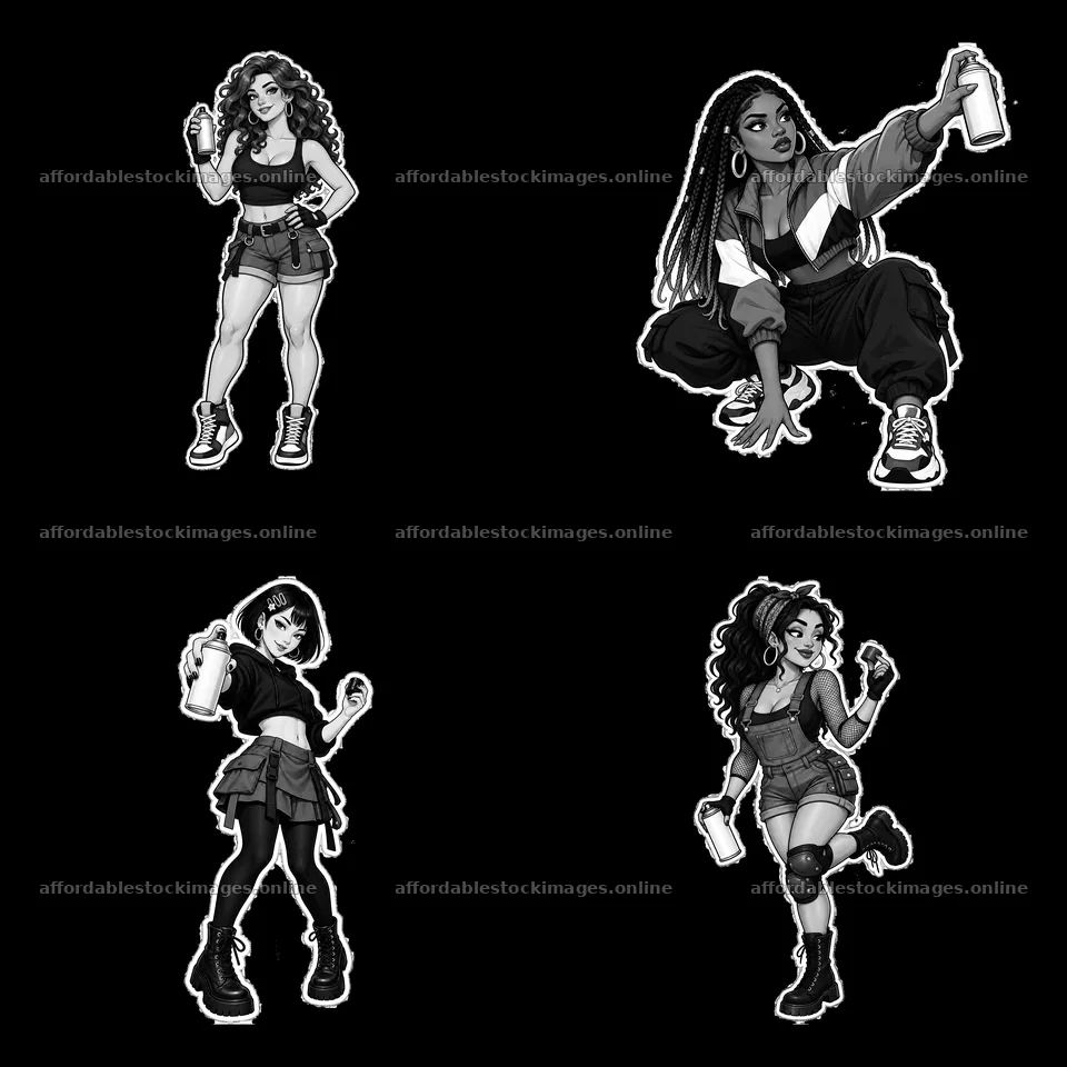 Four female graffiti sprayers in urban poses – stock images 7746x7746