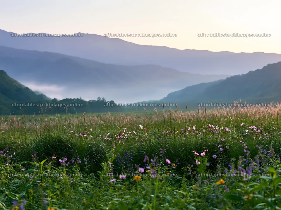 Climate-resilient meadow with mountains and morning mist – stock images 9174x6866