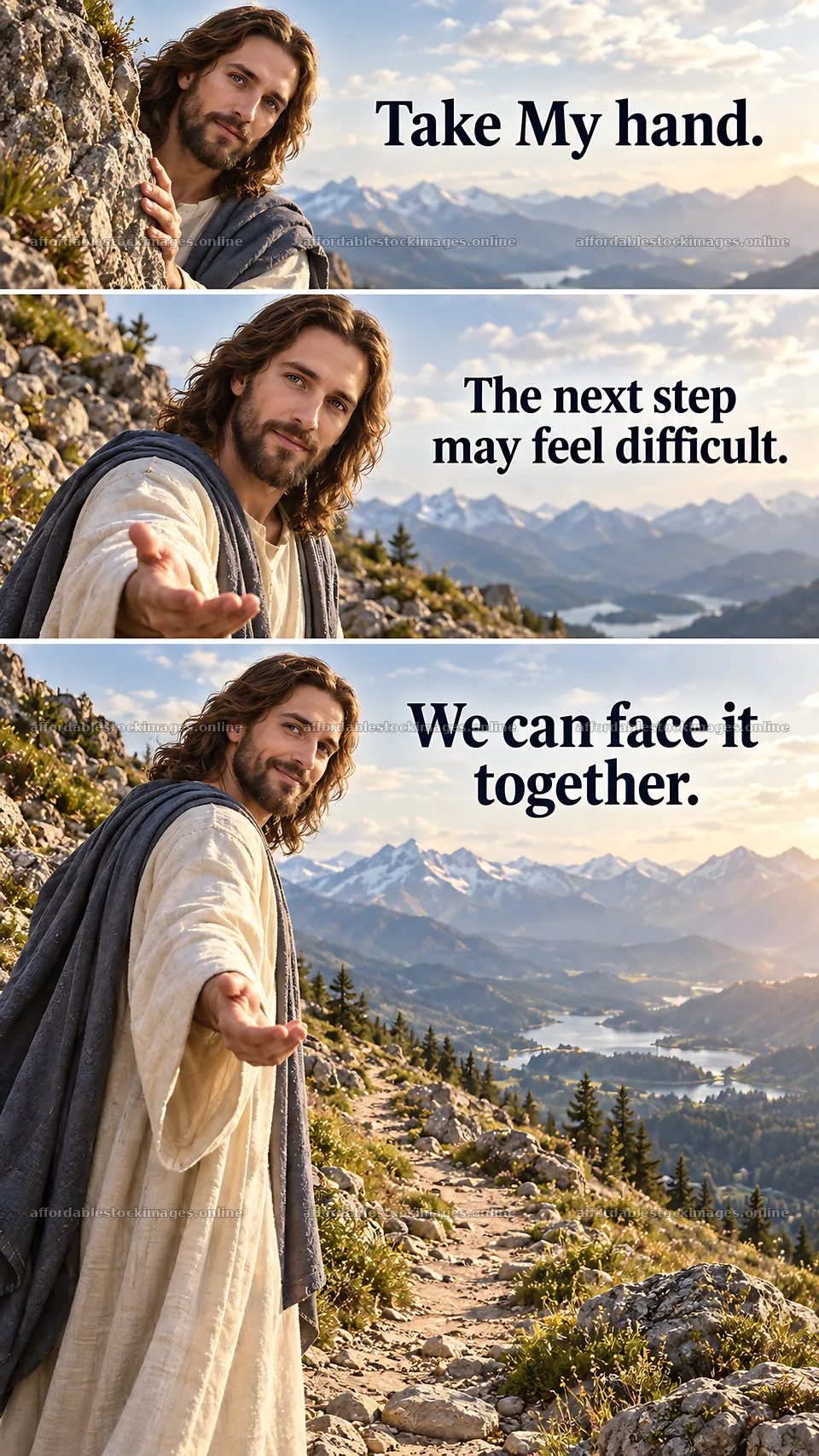 Jesus Christ inviting comfort and support on a mountain path – stock images 5811x10326
