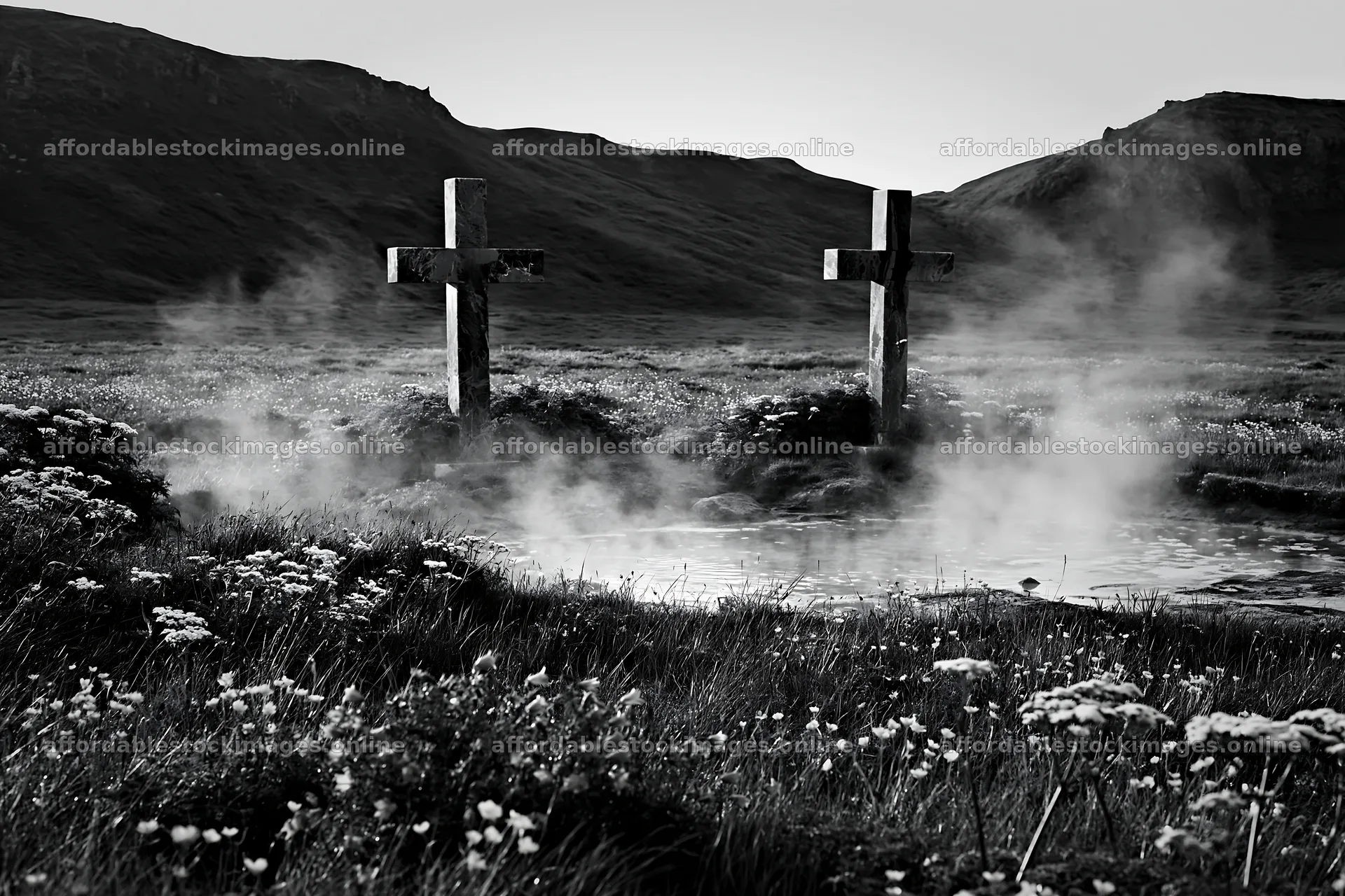 Two Christian crosses near thermal spring meadow in black and – stock images 9722x6480