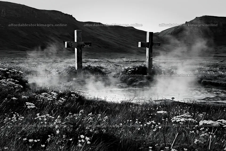 Two Christian crosses near thermal spring meadow in black and – stock images 9722x6480