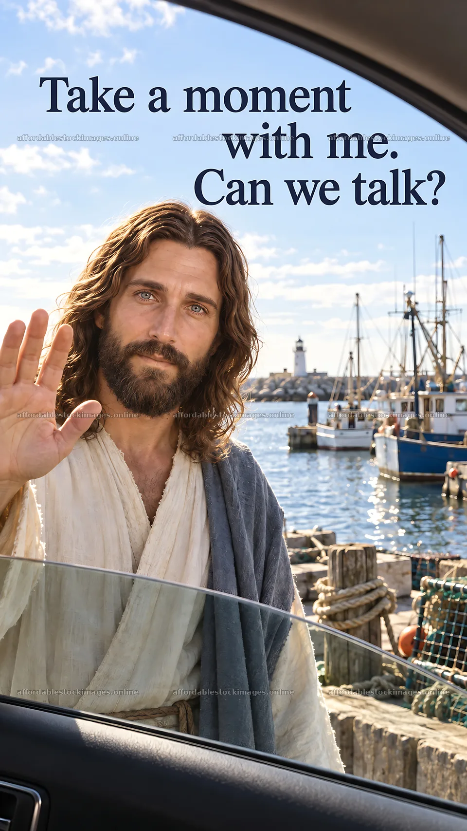 Jesus Christ inviting conversation by the seaside – stock images 5811x10326