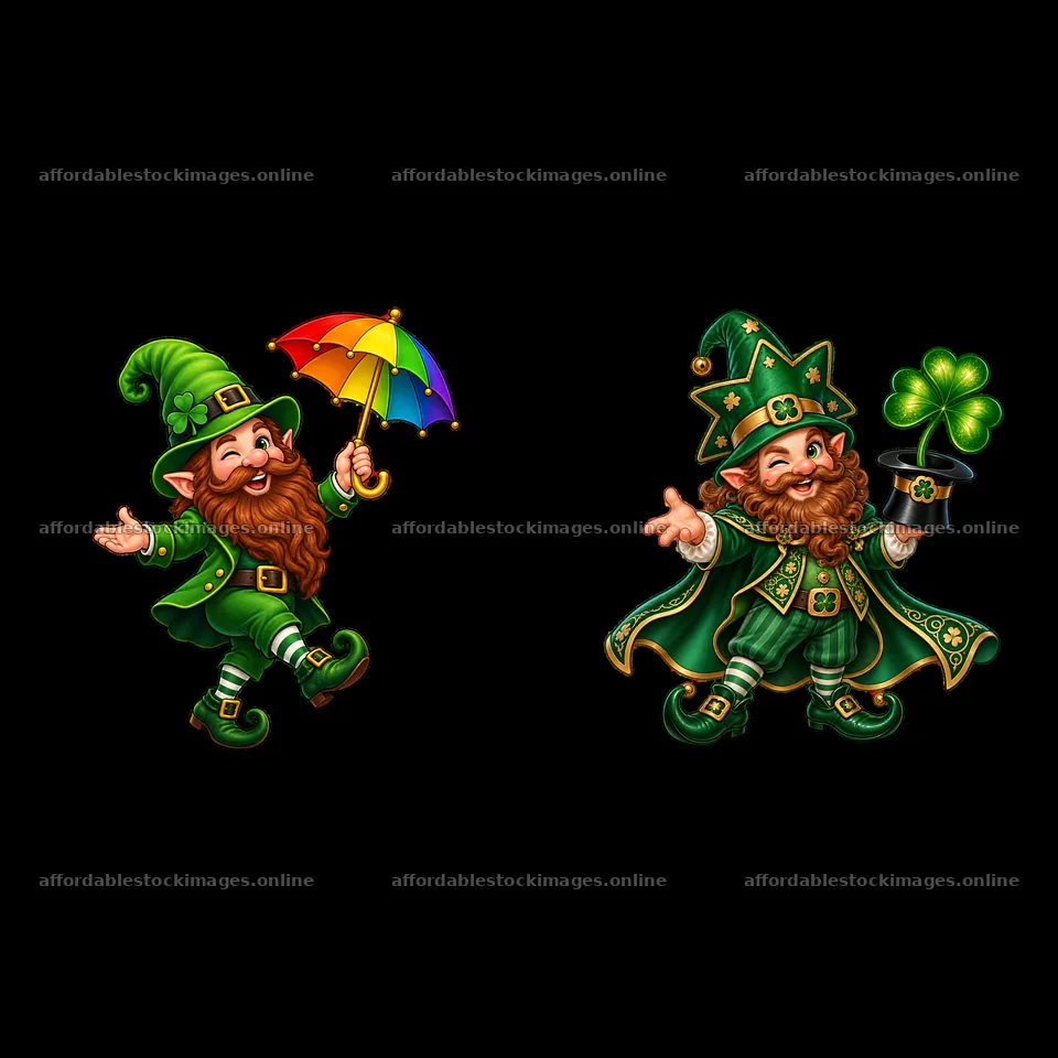 St. Patrick's Day gnomes holding an umbrella and a shamrock – stock images 7746x7746