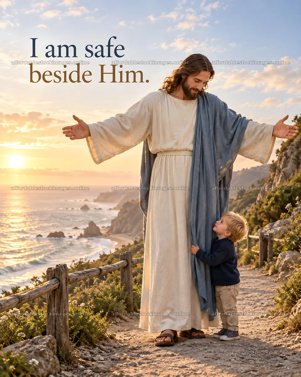 Jesus Christ welcoming a child beside the sea – stock images 6930x8659
